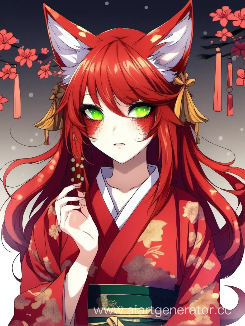 Kitsune-Girl-with-Red-Hair-and-Green-Eyes-in-Traditional-Red-Kimono