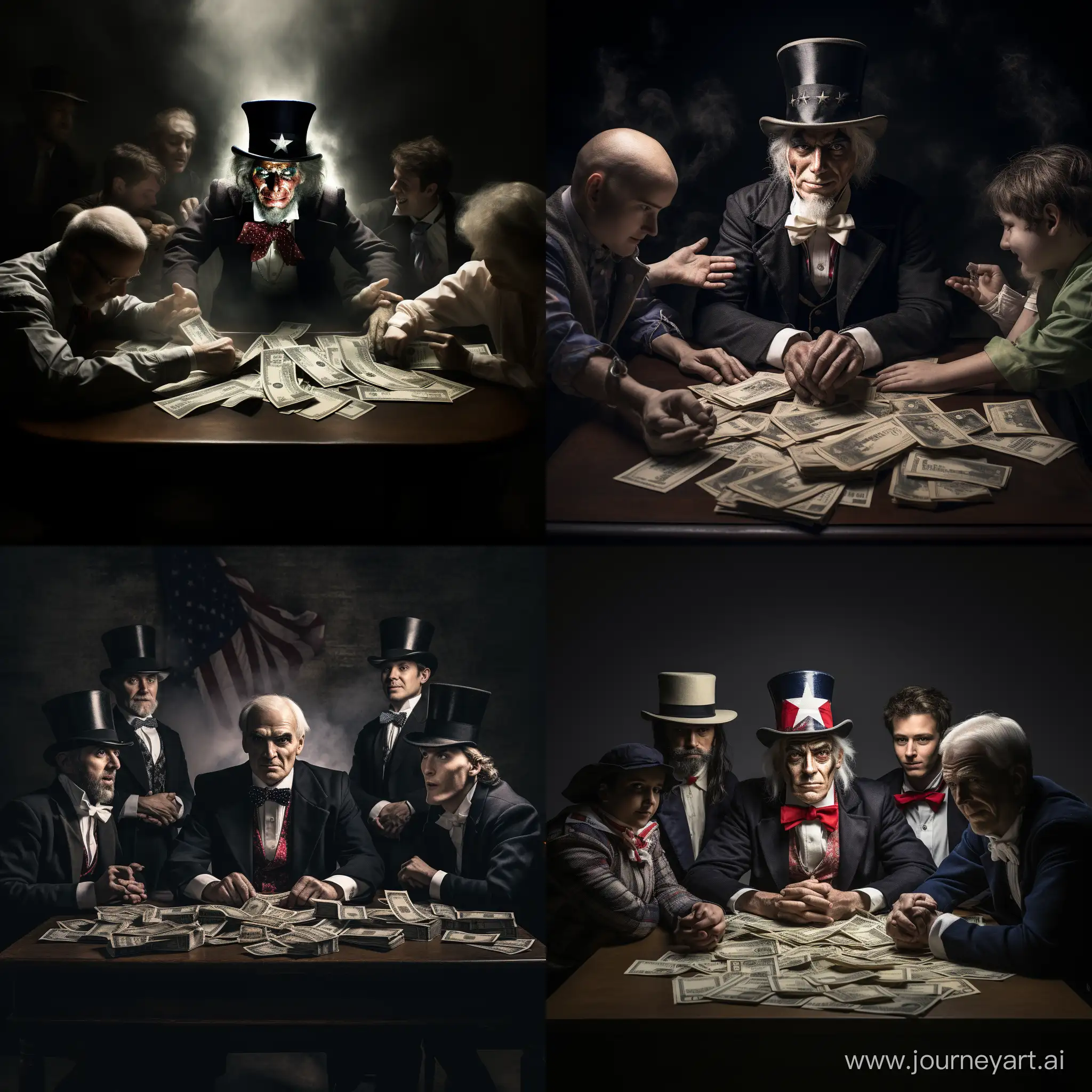 Sinister-Corporate-Gathering-Uncle-Sam-and-Businessmen-Amidst-Piles-of-Cash