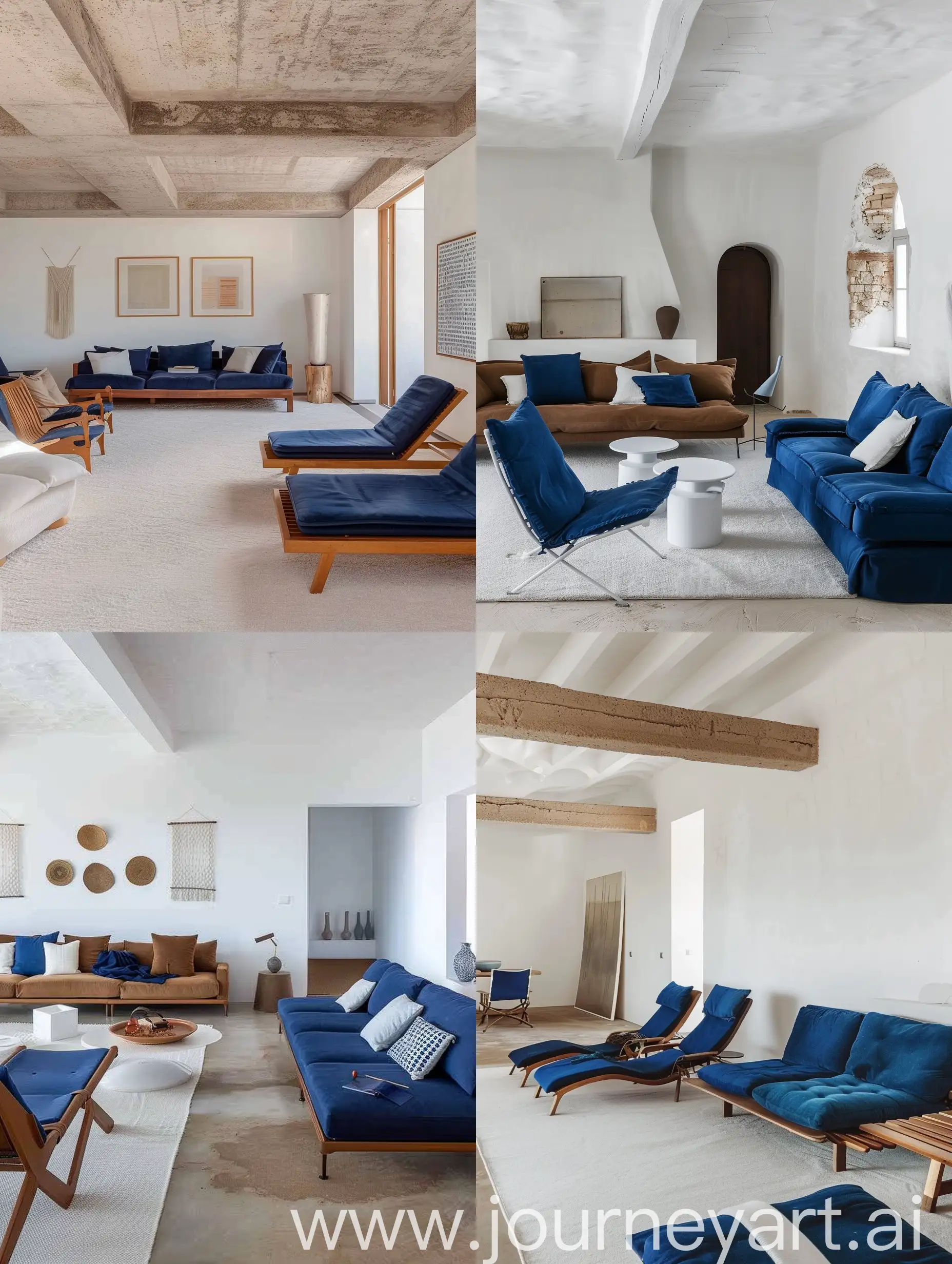 Minimal Living room white wall furniture brown. Blue Sofa and blue lounge chairs. White carpet. Decoration white and blue.  Floor beige concrete