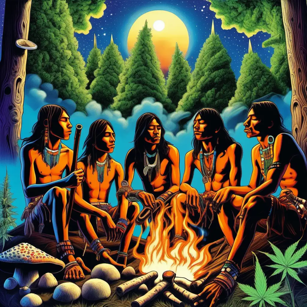 Native American Teenage Boys Gathering around Campfire with Peace Pipe in Psychedelic Atmosphere
