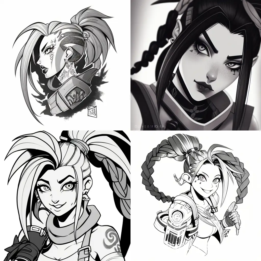 Jinx from league of legends as a tattoo design in the japanese anime style in black and white