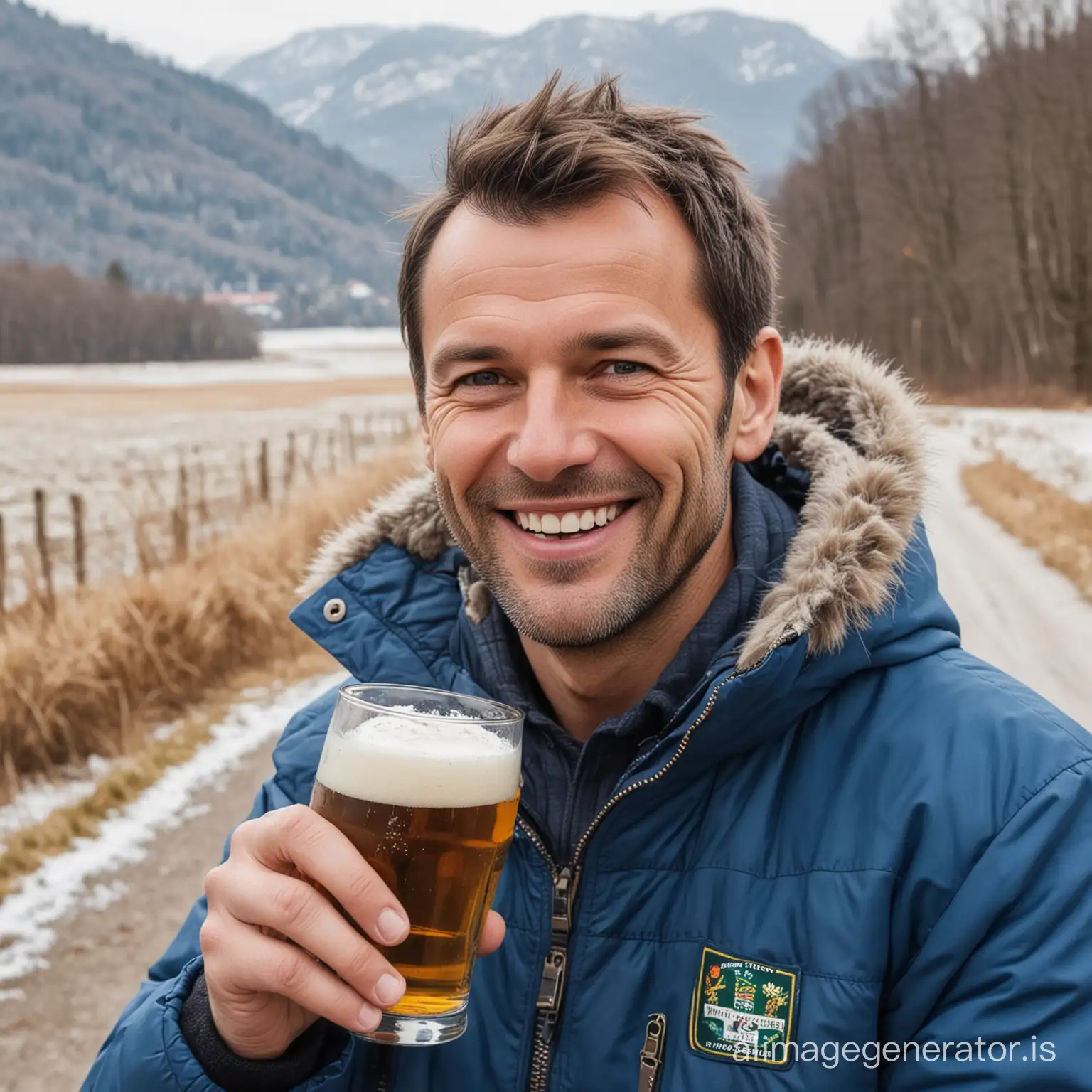 Man drinking beer in blue winter jacket, German landscape, 50 years old smiling
