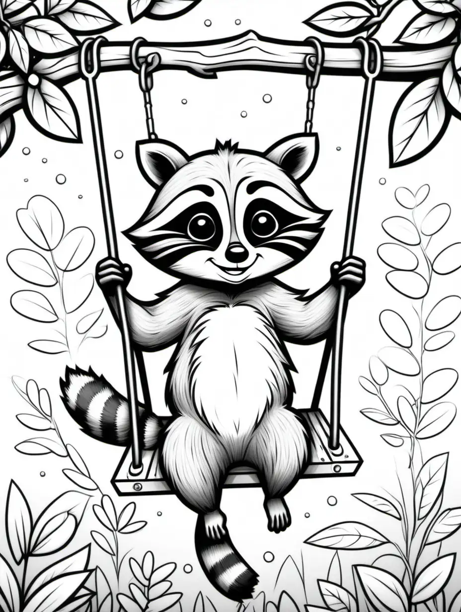 kids coloring page, racoon swinging, thick lines, low detail, no shading