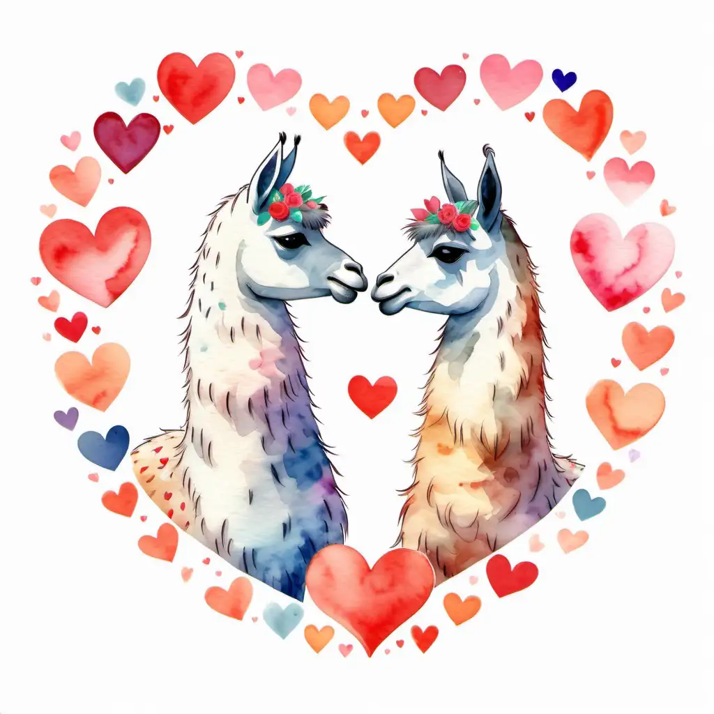 watercolor style, two llamas touch noses surrounded by hearts on a white background.
