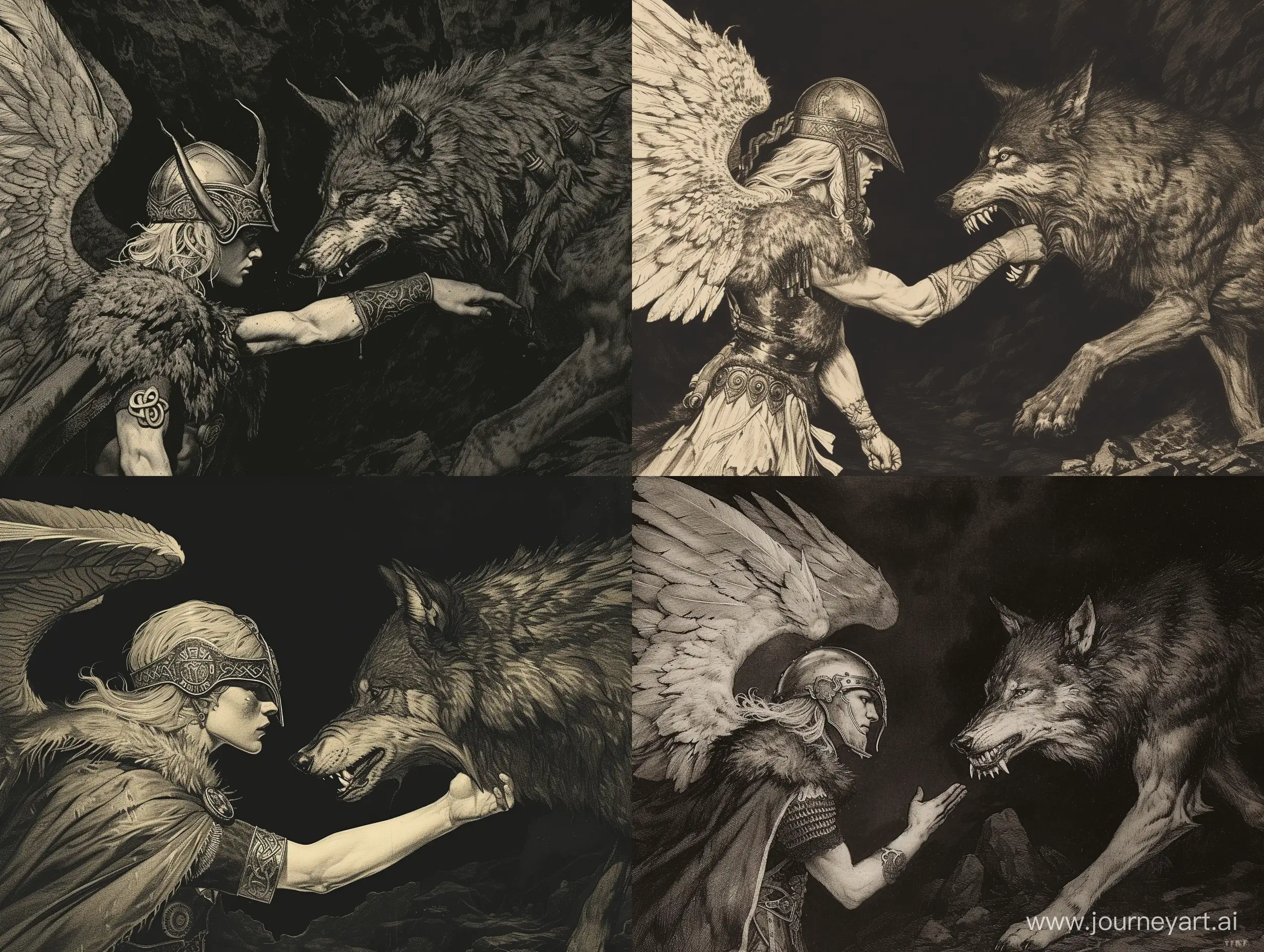 Tyr-Confronting-Fenrir-Dark-Baroque-Art-with-Norse-God-and-Wolf