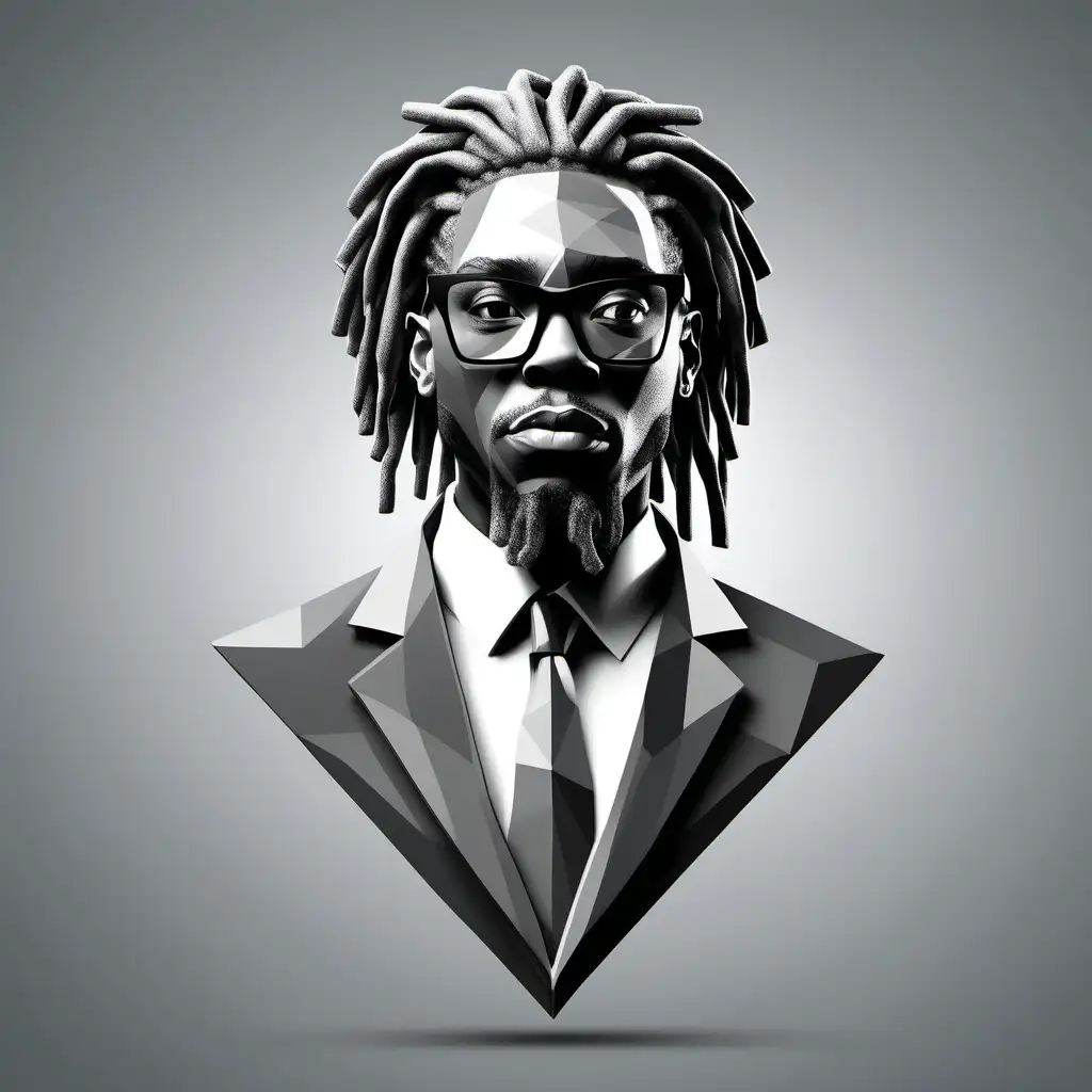 3D polygon black business man with dreadlocks portrait logo grey scale colours wearing glasses looking directly