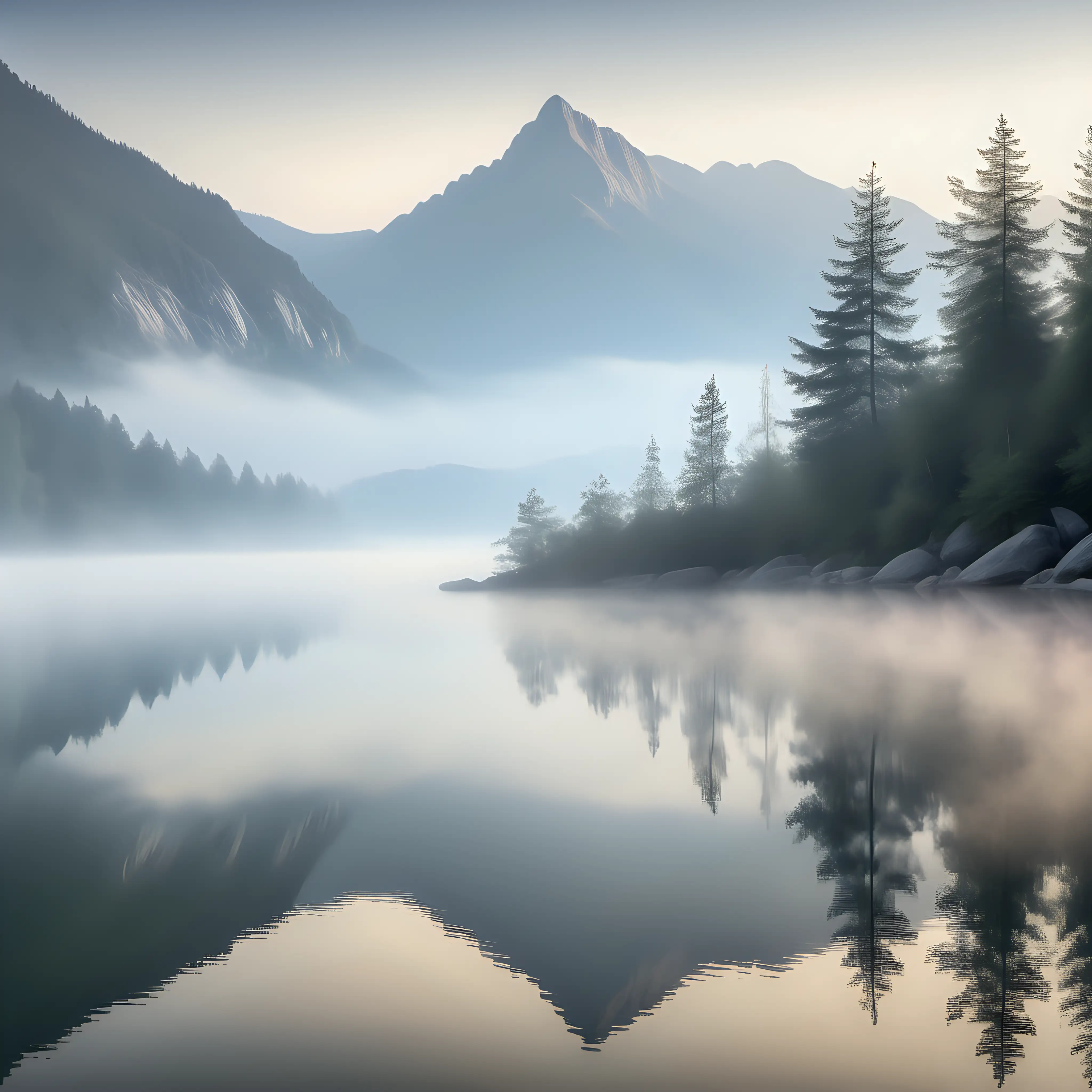Ethereal Morning Mist Over Calm Mountain Lake