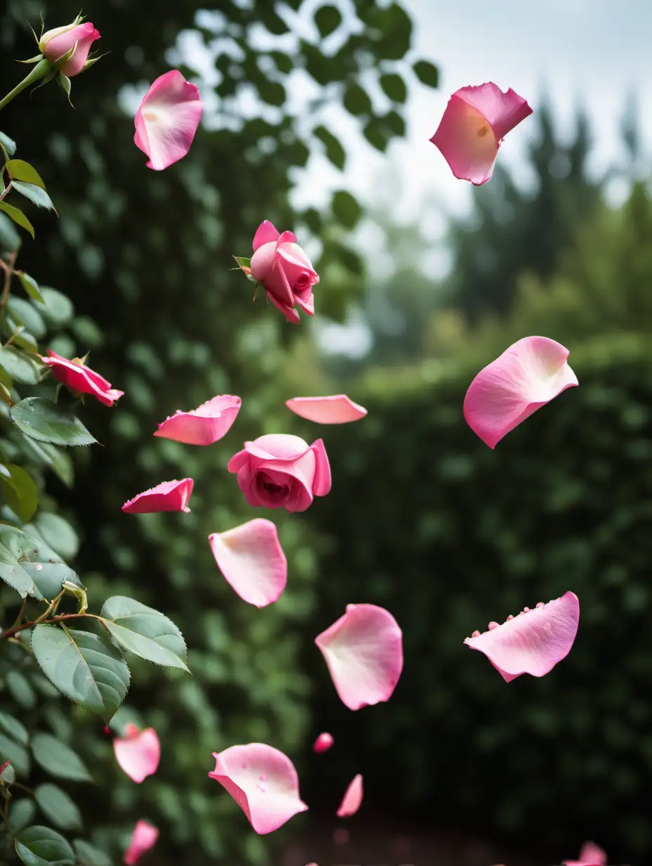  pink rose petals falling from a rose bush