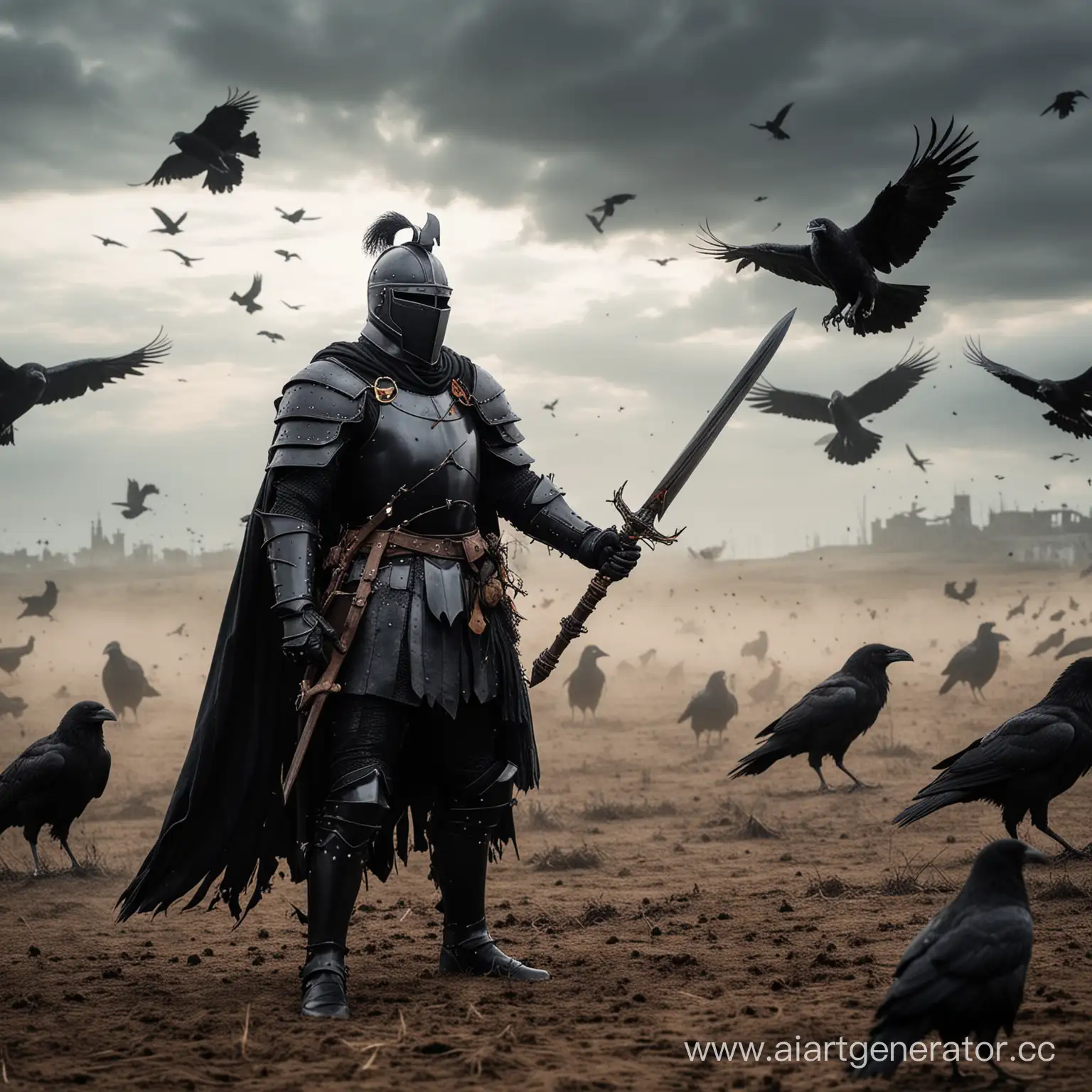 Epic-Black-Knight-Confronting-Crows-with-Sword-in-Field