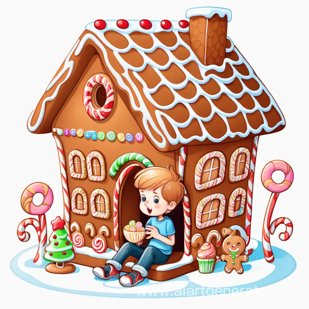 мультик 
мальчик сидит в пряничном домике и есть сладости