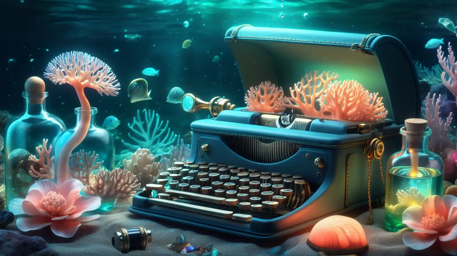 magical underwater, small treasure box of glowing mollusks, and fairytale wooden-typewriter, magical, glowing flowers and inside bottles are iridescent coral, 8K.