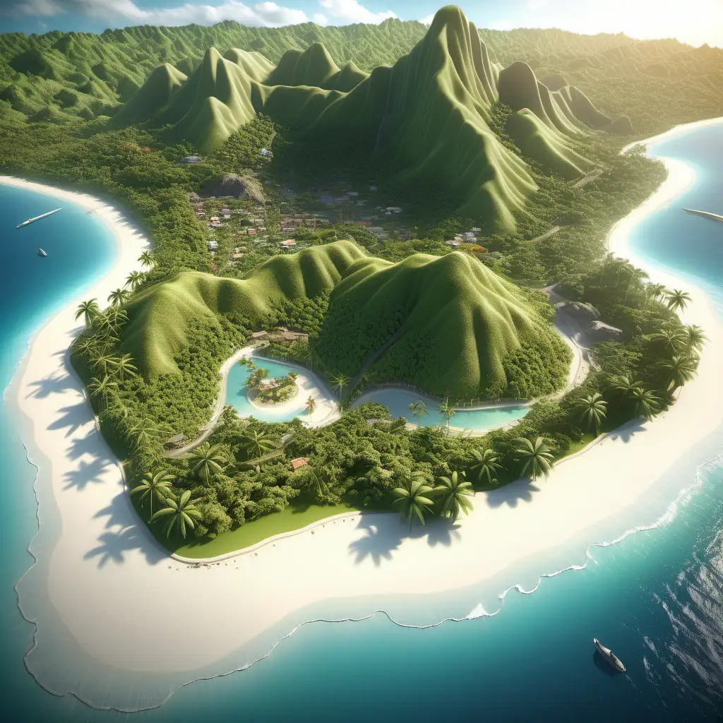 Tropical Fantasy Island with Lush Farmland and White Sandy Beaches