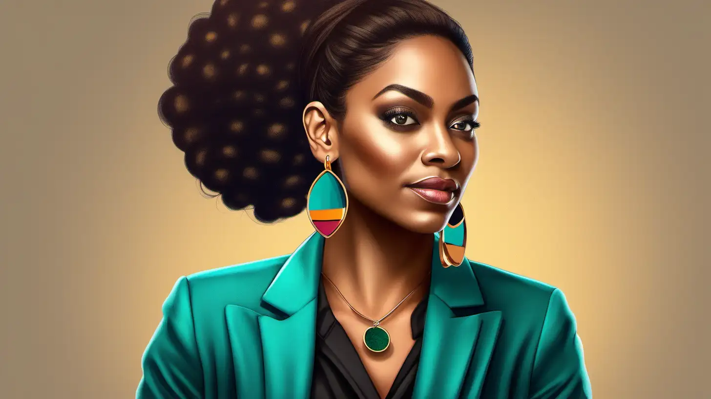 Create one professional brown woman, wearing a black tee and teal blazer, with colourful earrings, who looks smart, savvy, confident, focused and warm. 