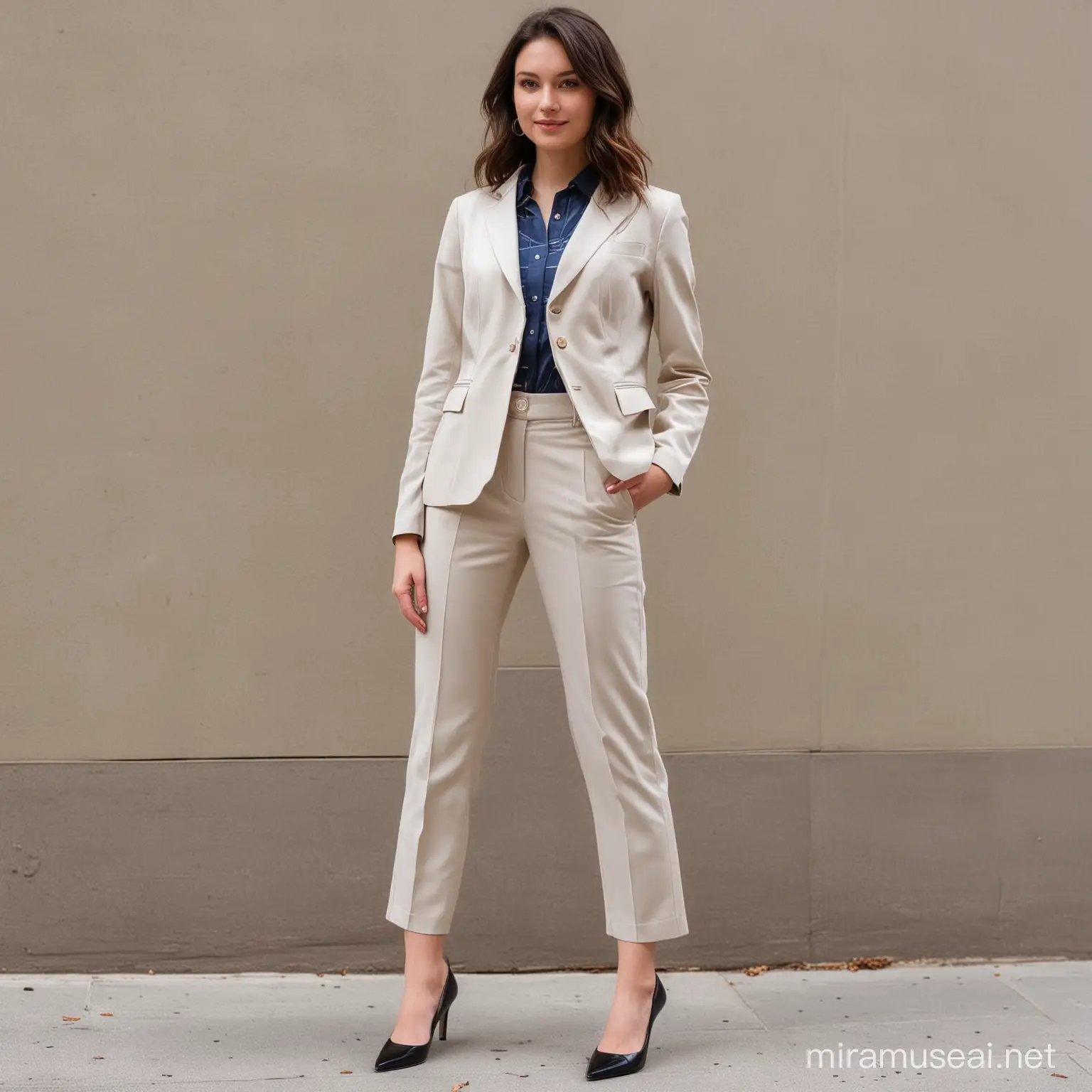 internship outfit for women with button-down blouse and a structured blazer and tailored trouser with low-heeled pumps