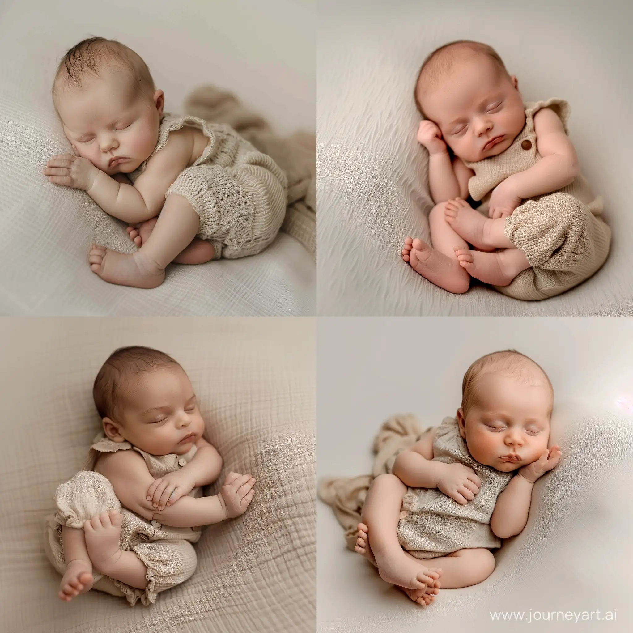 Рекламный креатив для фотографа новорожденных,новорожденный ребенок спит на боку, две руки под щекой, ножки лежат одна на другой, одет в бежевый костюмчик