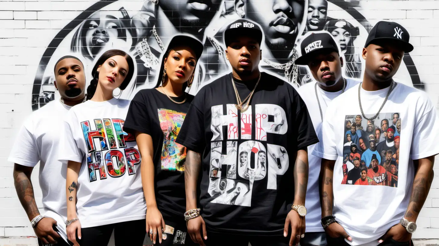 a background with multiple people wearing custom t-shirts with different hip hop images in the front in front of a white wall with a hip hop icon graffitied in the center 