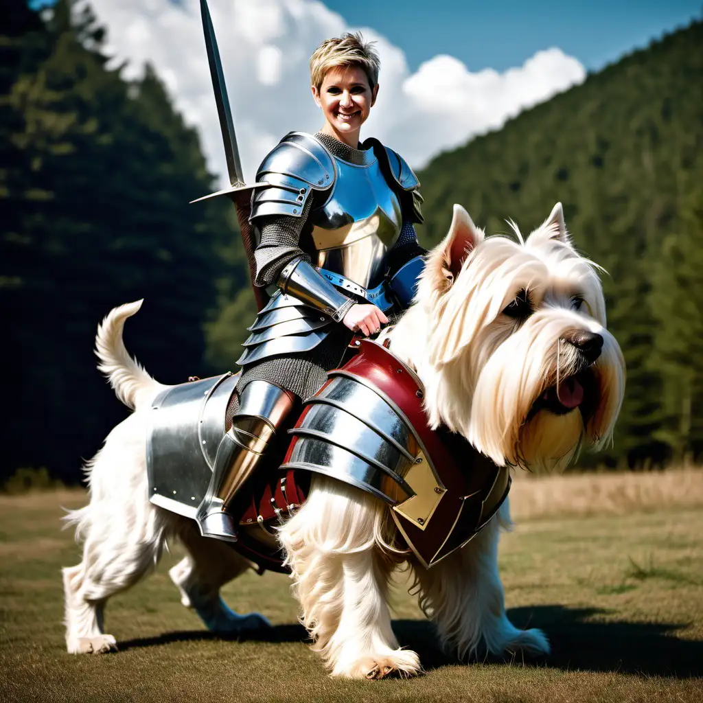 karen oberst from facebook with short dirty blonde hair bowlcut Wearing plate armor,  With a lance and shield, riding a giant sized west highland terrier