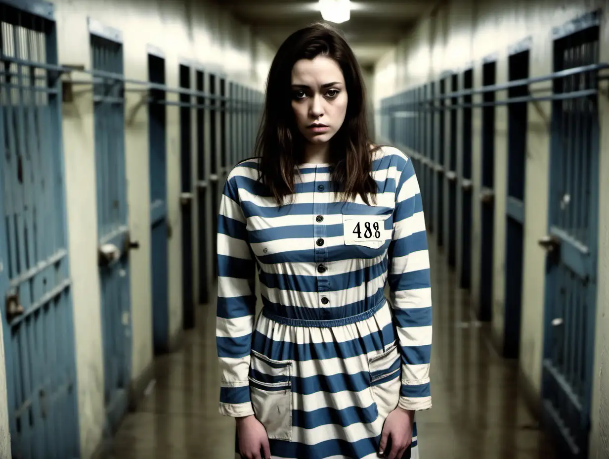 A busty slim prisoner woman (20 years old, same dress) stand in a prison corridor in worn dirty blue-white vertical wide-striped longsleeve midi-length buttoned prisonerdress (, a big printed "478" label on chest pocket, brunette long bob hair,  sad and ashamed ), look into camera