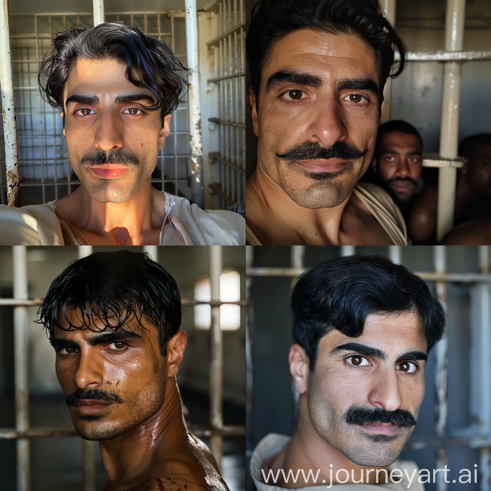Красивый смуглый иранский парень с чёрными волосами, карими глазами и усами подвергается дискриминации со стороны афро-американских заключённых в камере тюрьмы Лос-Анджелеса