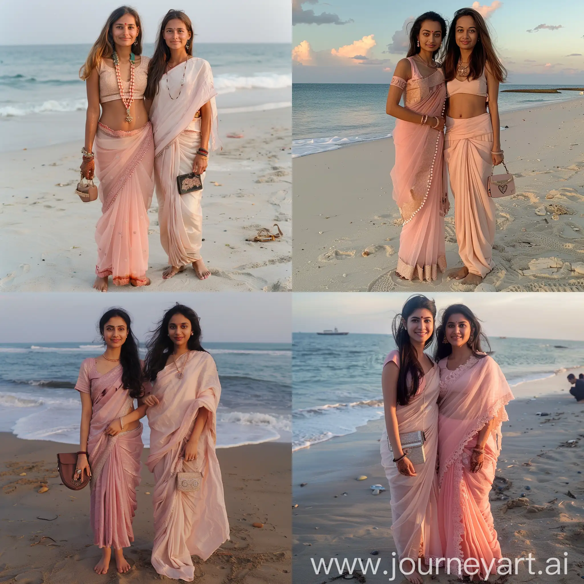 a beautiful girl stand on the beach with a girl is indian wear a pink light sari and a small purse