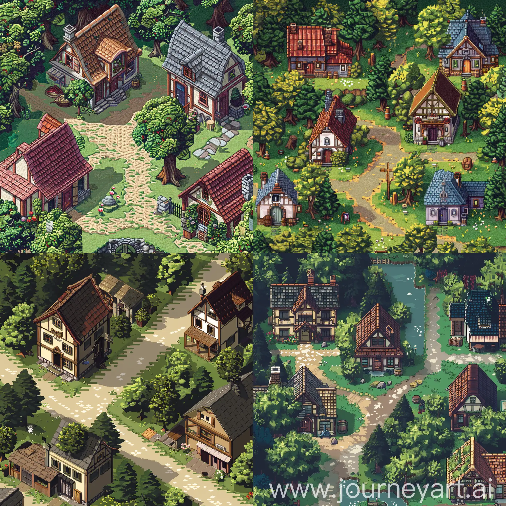 Create a scenario of a small country town, pixelated RPG game style, isometric view, just like the game Heartwood