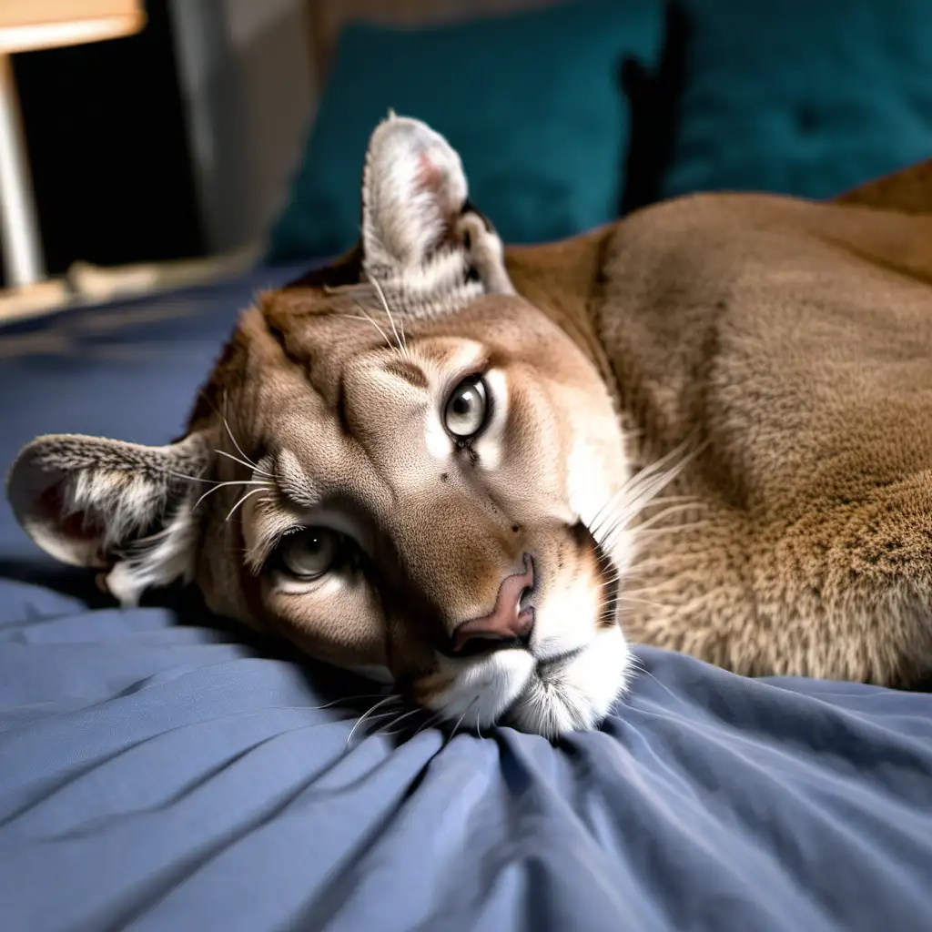 Mountain lion laying on bed, looking relaxed, head laying across my lap