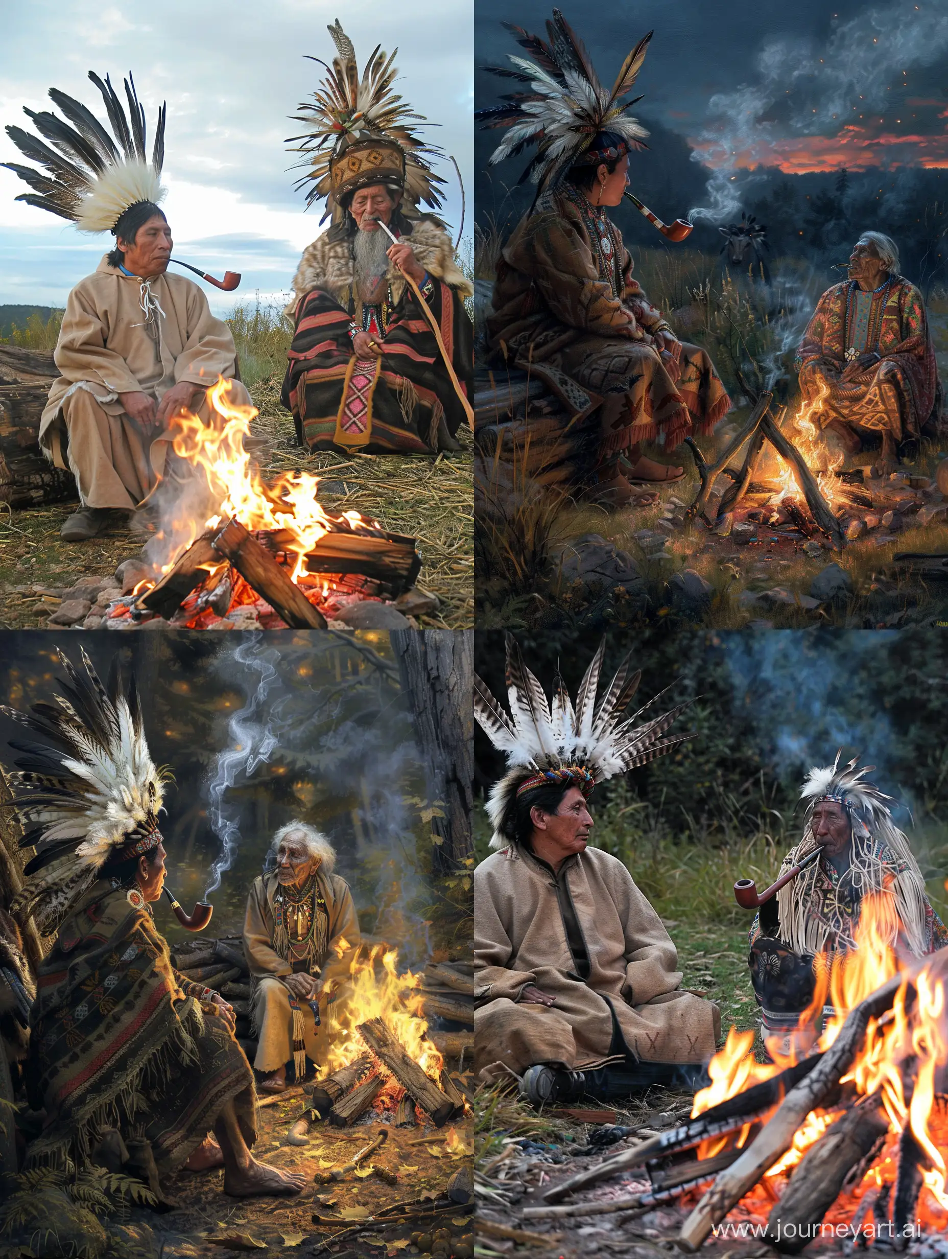  a man in a poncho is sitting next to a shamanic bonfire. a feather headdress on his head. an old shaman sits next to her and smokes a long pipe