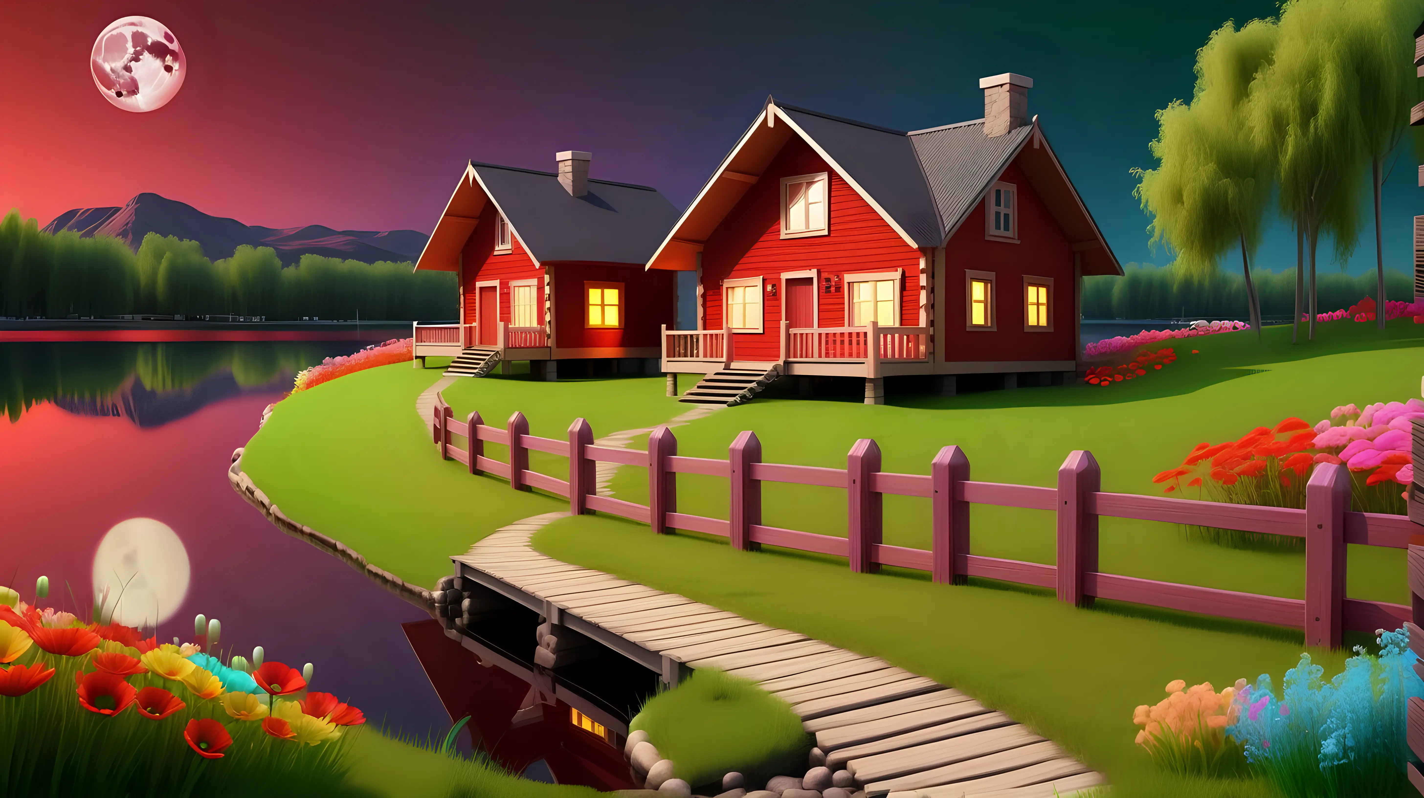 O casa de lemn, noaptea cu o luna plina,  malul unui lac, gard de lemn pe drum, iarba verde cu multe flori colorate, cerul rosu