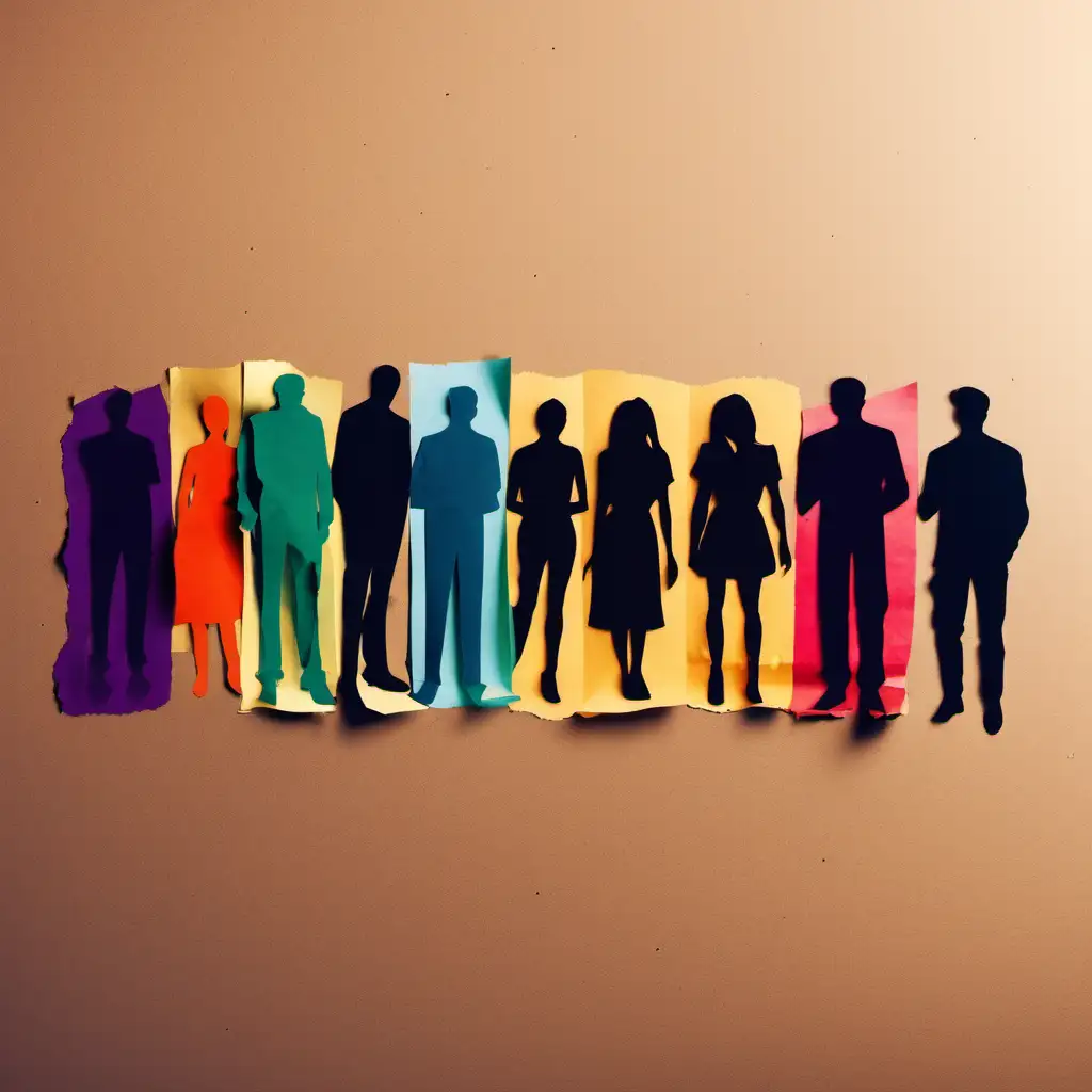 silhouttes of people ripped of paper on a simple background using colours #F2AAA1, #FF4A2E and #FF4A2E as a symbol of user experience
