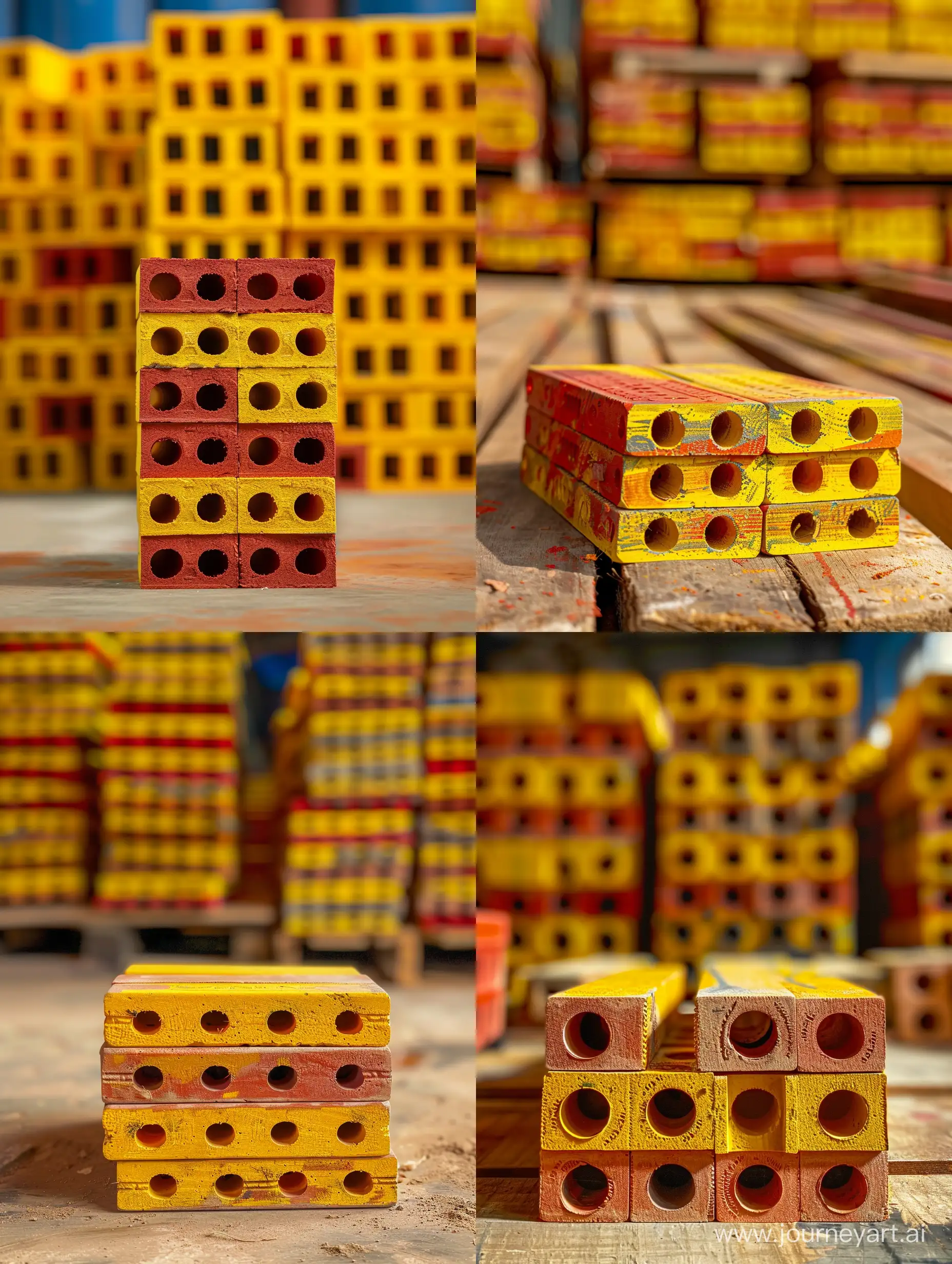 a  stack of yellow and red ten hole facade brick placed on eachother, back ground is more stacks of them blurred out
