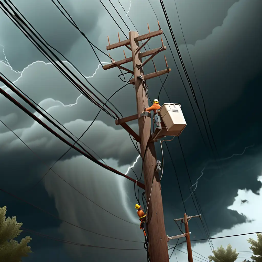 storm, telephone pole, bucket truck, Electrical Distribution lineman