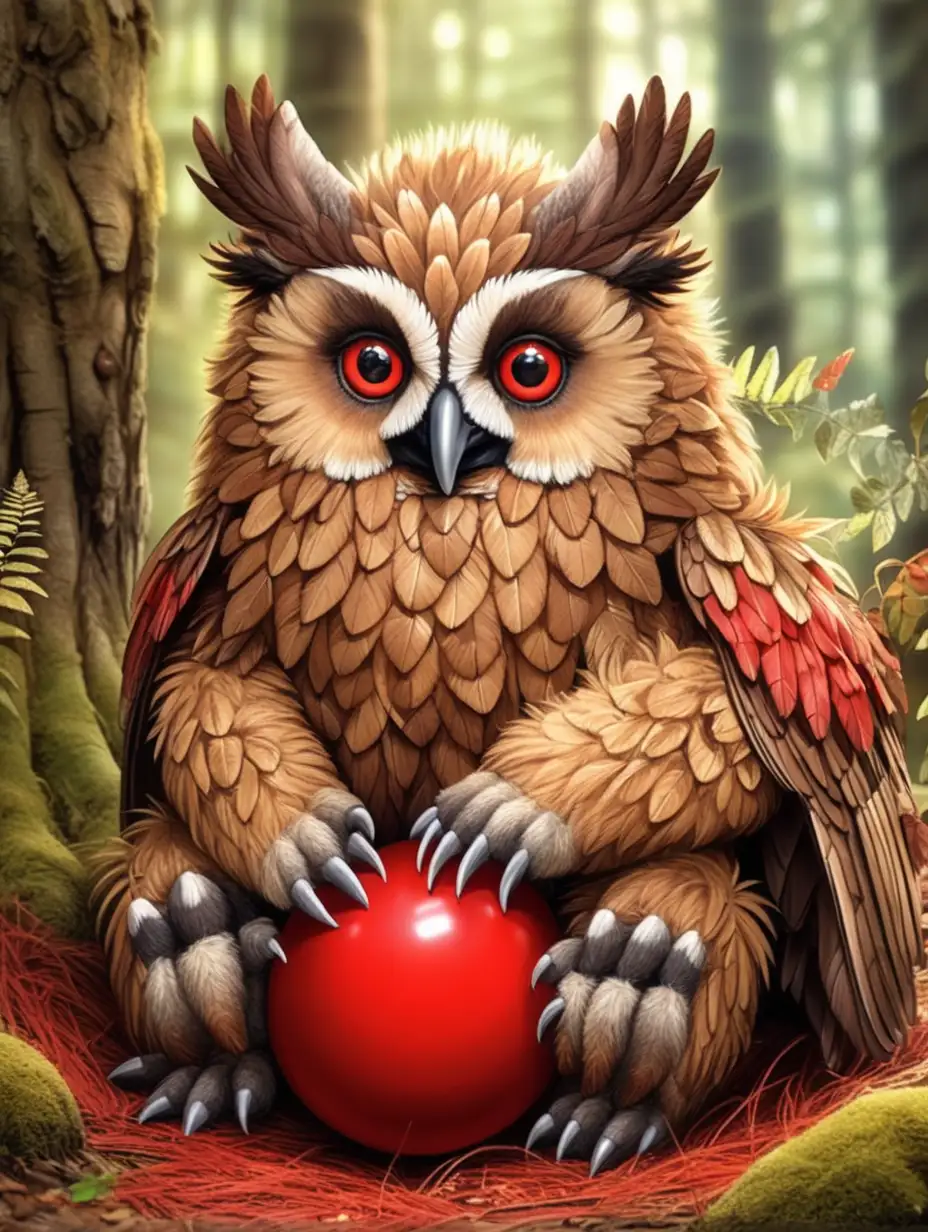 Adorable Owlbear Playing with Red Ball in Forest Nest