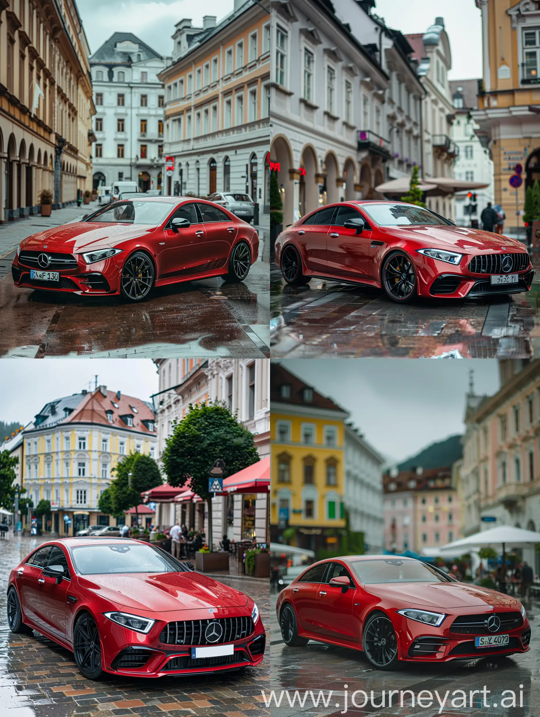 Limited-Edition-Red-Mercedes-CLS53S-2021-Parked-in-a-Busy-Austrian-City-on-a-Rainy-Summer-Afternoon