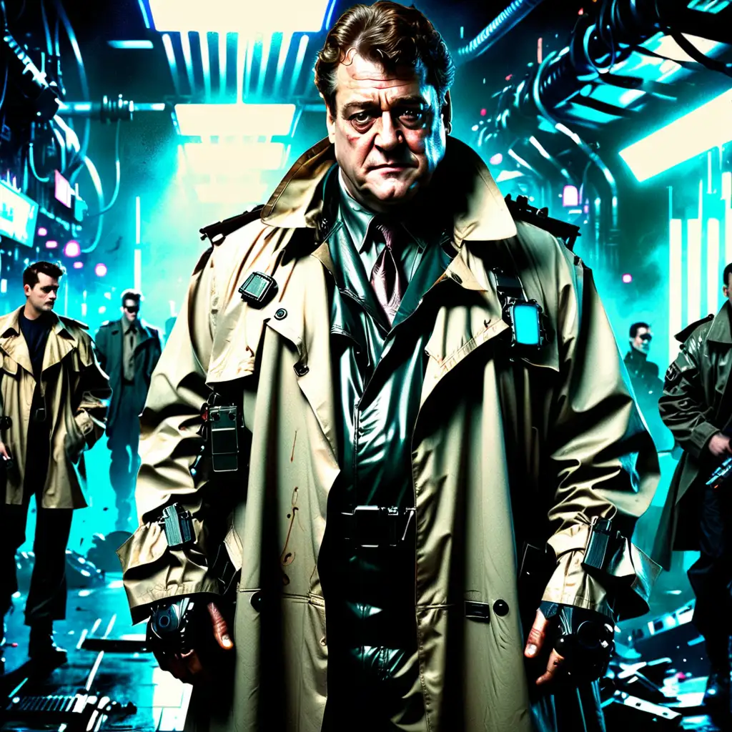 Young John Goodman in a cyberpunk suit and trench coat.