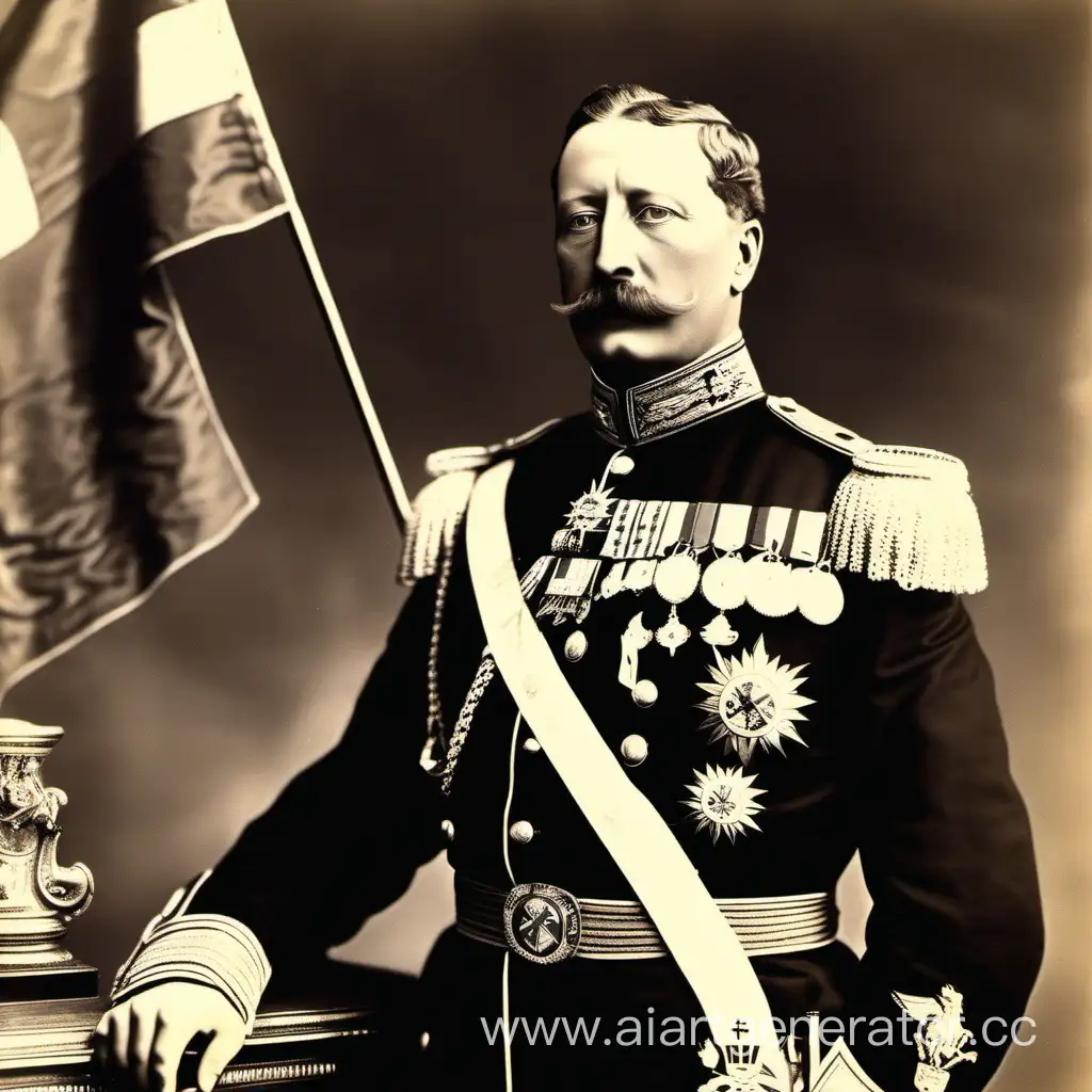Кайзер Вильгельм второй на фоне флага германской империи