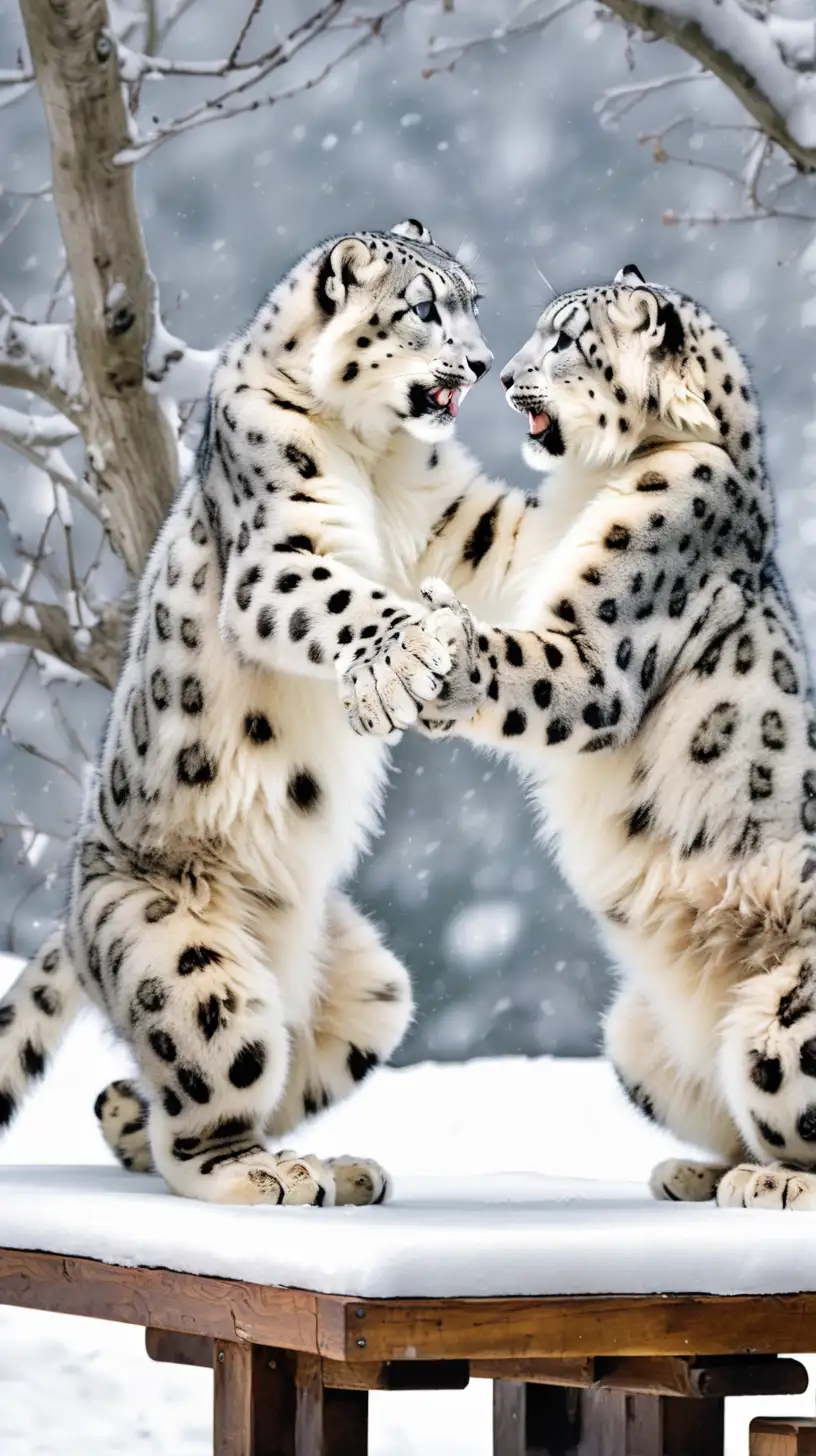 wrestling match of snow leopards on park table