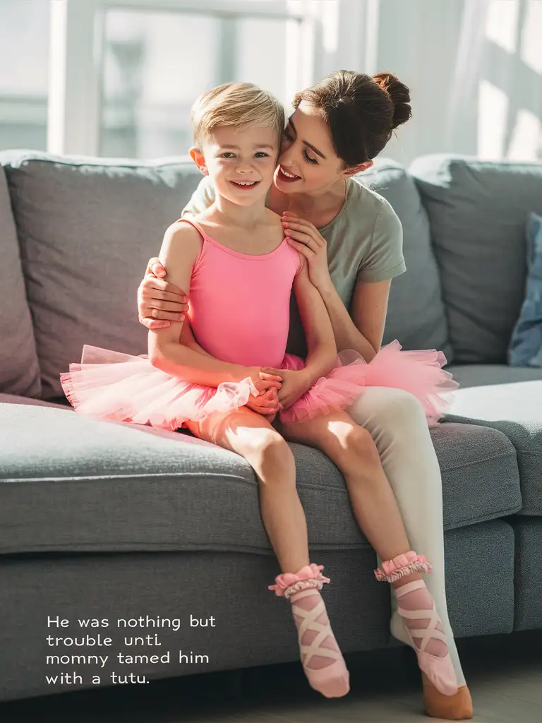 (((Gender role-reversal))), Photograph of a mother and her thin young son, a cute small boy age 7 with little legs, they are sitting together on a large sofa in a bright living room, the mother is giving her boy a hug, she has turned him from an aggressive boy to a sweet little boy by putting him in a bright pink ballerina leotard and tutu dress and frilly pink ankle socks, the sweet boy is smiling calmly with dimples, adorable, perfect children faces, perfect faces, clear faces, perfect eyes, perfect noses, smooth skin, photograph style, add captions “he was nothing but trouble until mommy tamed him with a tutu!”, clear captions, accurate captions, correct captions