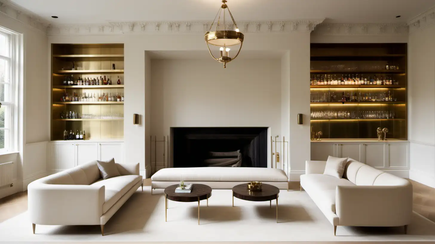 Minimalist Modern Classical Grand home Lounge room and Bar; oak flooring; ivory rendered walls; large windows; Brass wall Lights; Built in shelving