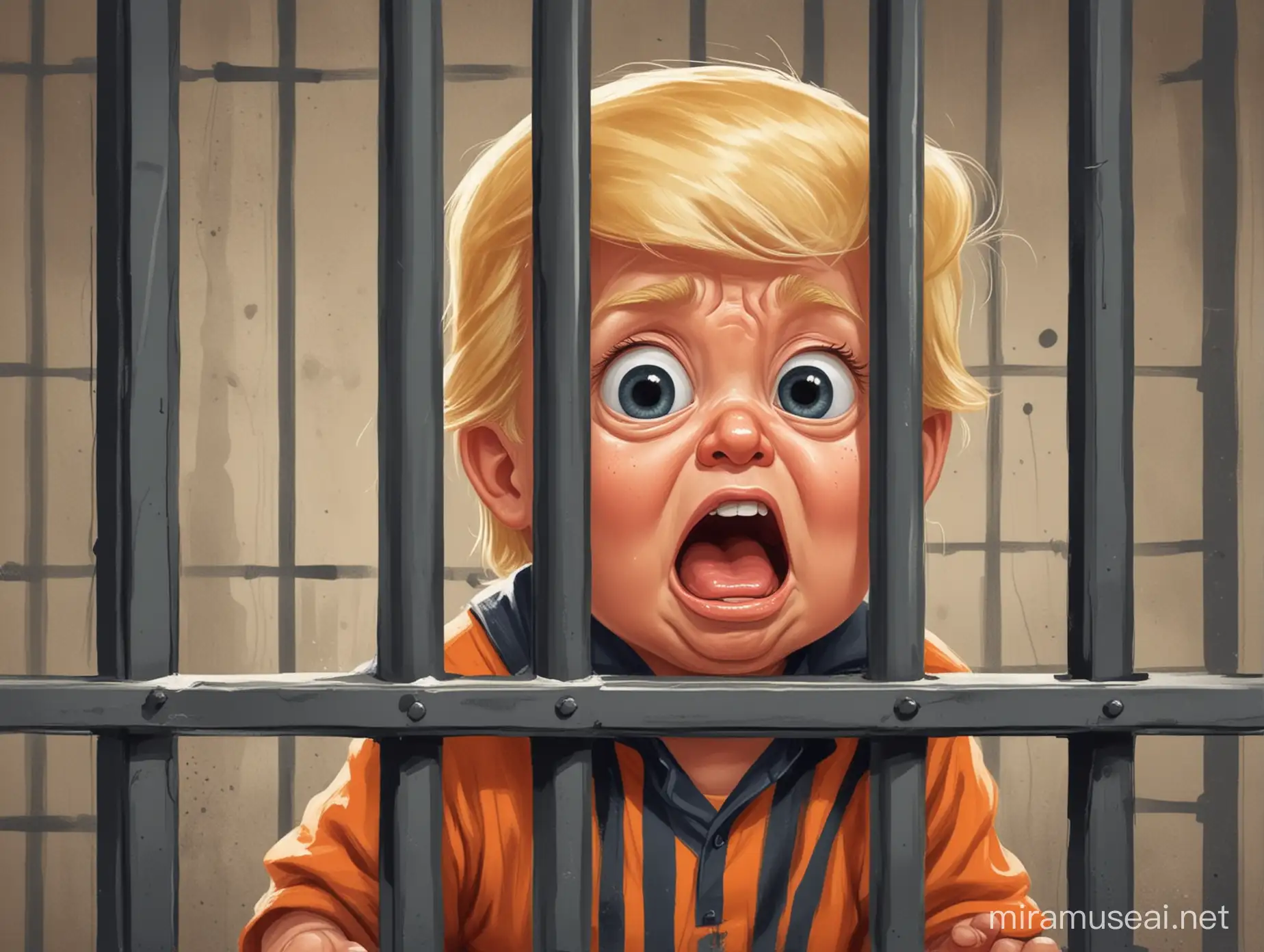 Crying Toddler Donald Trump Behind Bars Cartoon Illustration