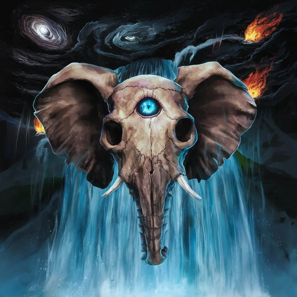 in the dark night sky under a waterfall, watery floating Elephant skull with a single eye in the center of its forehead with a galaxy nebula  like a cyclops, there are fires and winds in the background , the center eye is a blue gem , 