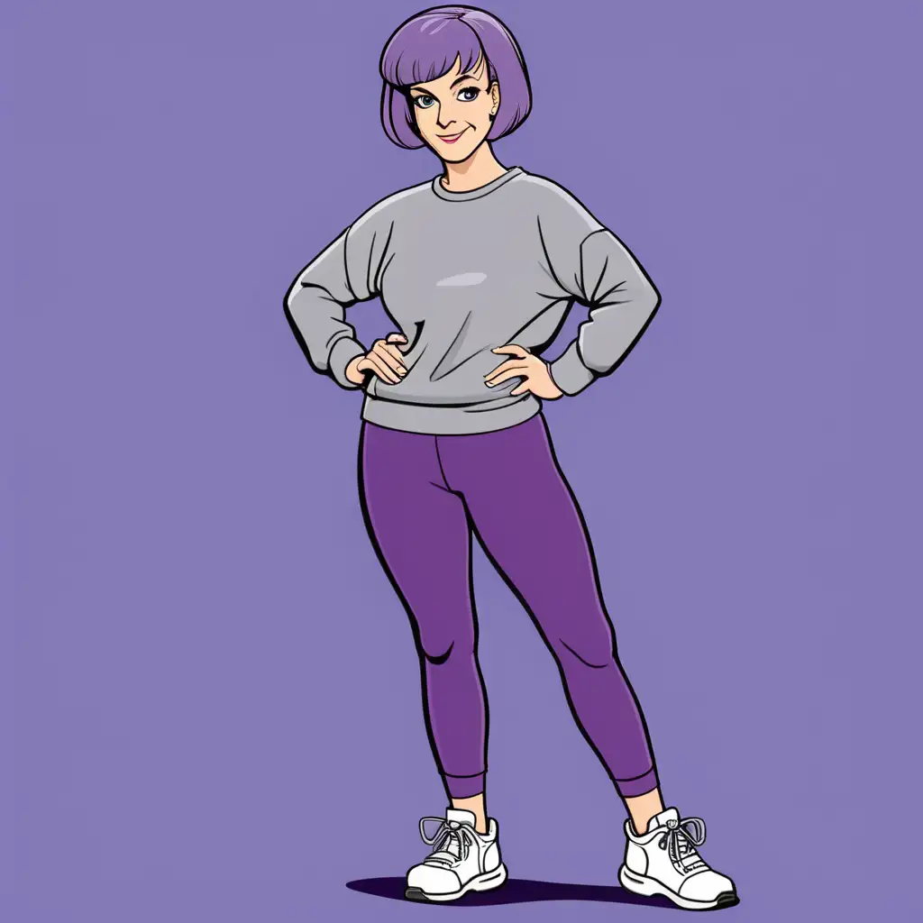 40s CartoonInspired Fashion PurpleHaired Character in Leggings and Grey Sweatshirt
