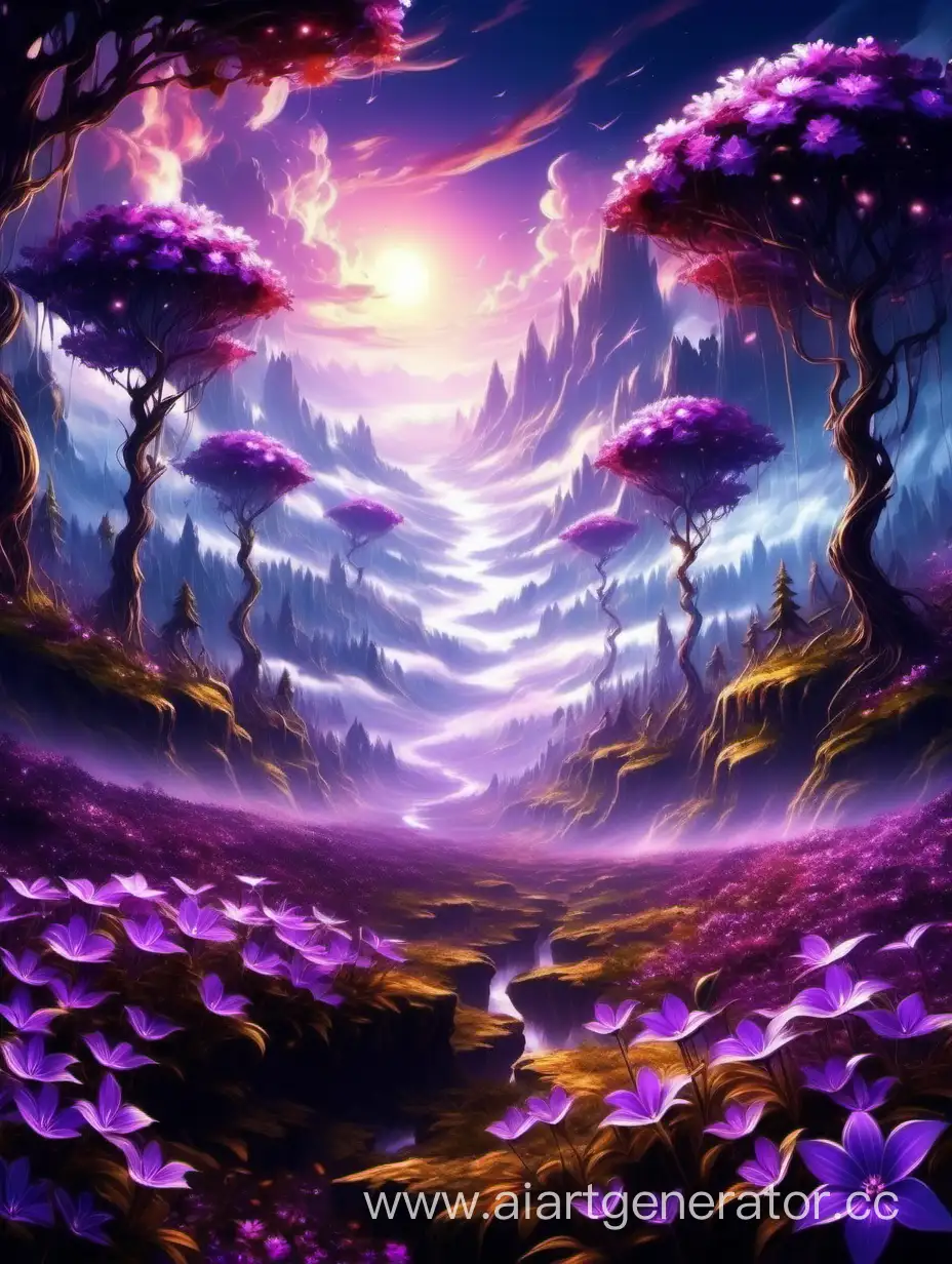 пейзаж фэнтези фиолетовый цветы небо лес
