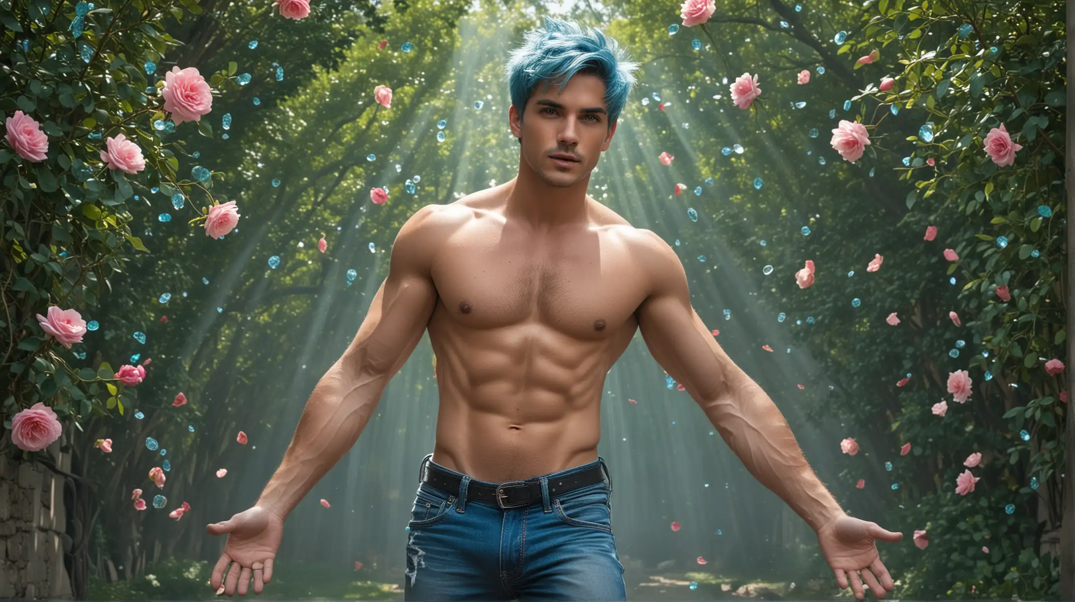 In a breathtaking display of power and transformation, a shirtless hunk with mesmerizing aquamarine eyes and short navy blue hair leaps into the air. His rugged 5 o'clock shadow adds to his rugged charm as he defies gravity, suspended in mid-air. Clad only in casual jeans, his open pink shirt hangs in tatters, fluttering around him like a banner in the wind. As he ascends, a brilliant aquamarine aura radiates from the circular energy crystal embedded in the center of his chest. The crystal pulses with energy, casting a dazzling glow that illuminates the surrounding rose garden.