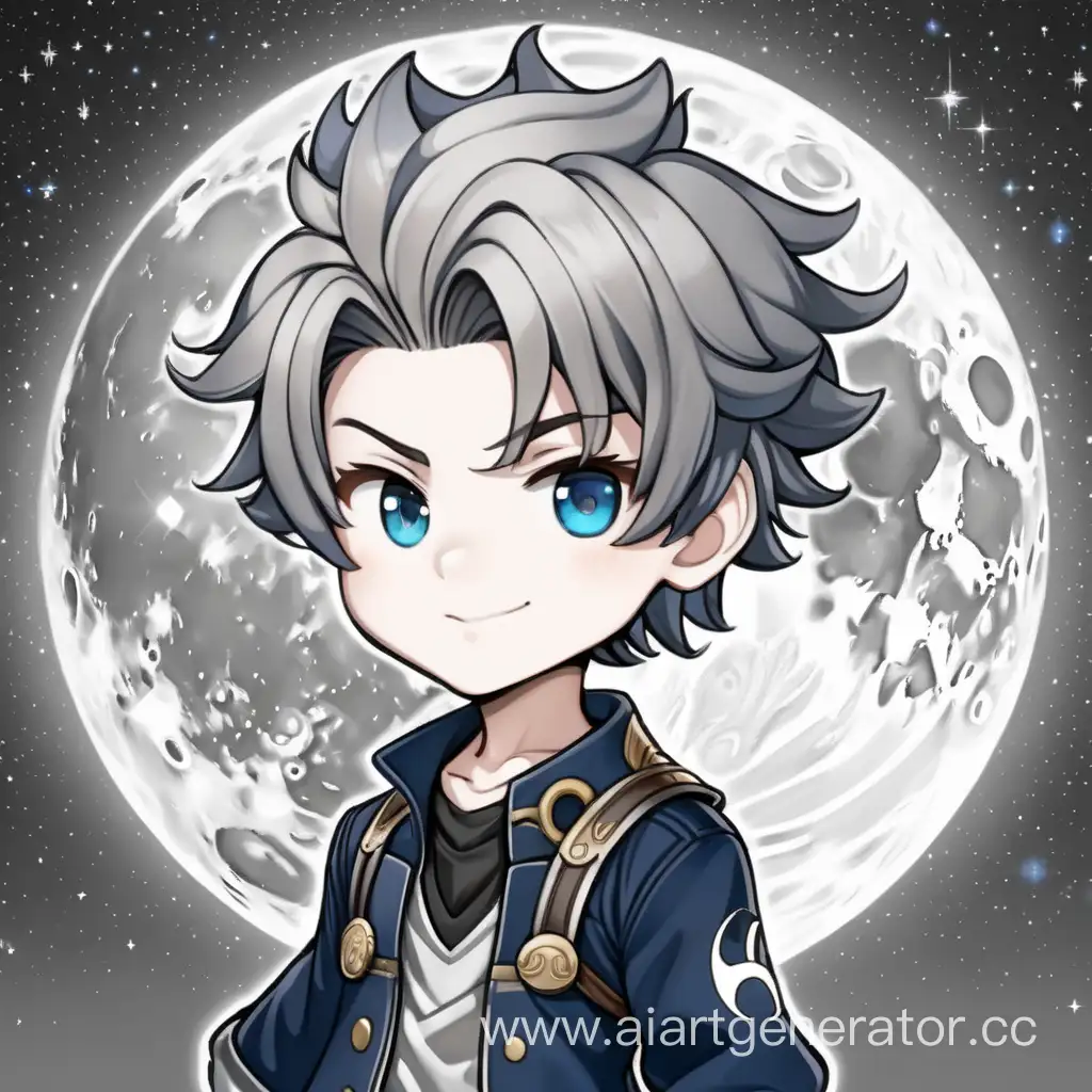 profile picture with the male character moon background chibi style curvy hair wth grey colour
