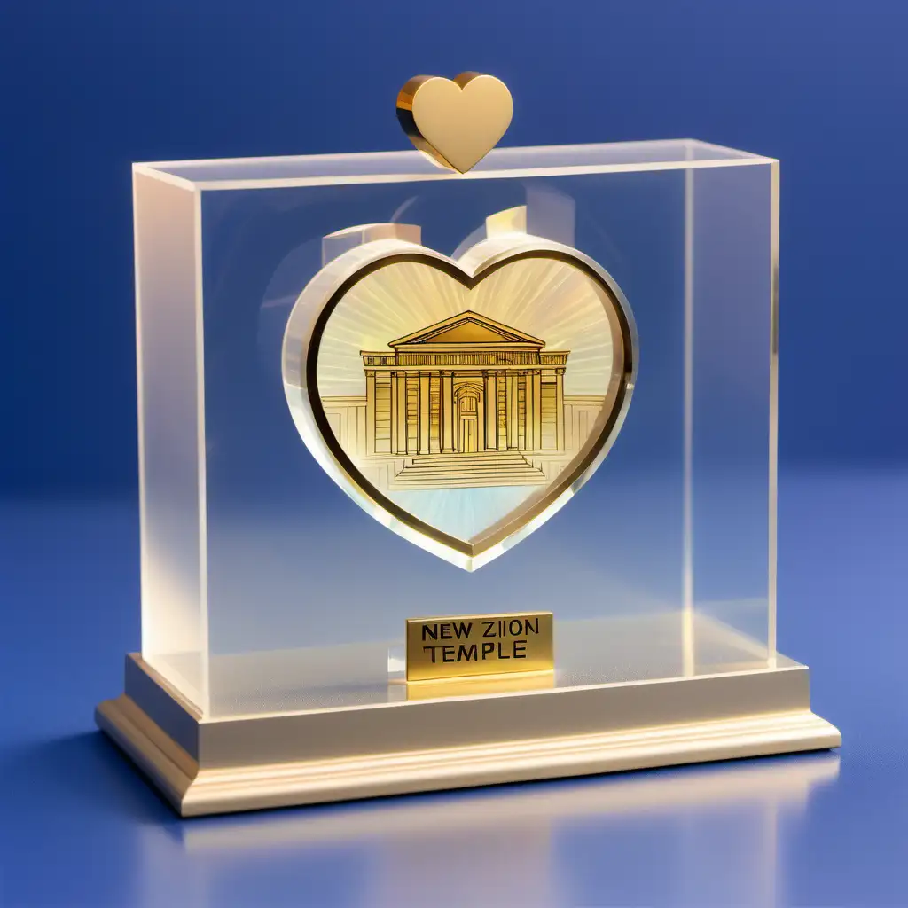A transparent plaque labeled "NEW ZION TEMPLE", with a small gold circle depicting A HEART, a holographic rectangular box display with the FACEBOOK LOGO, a WHITE and gold background, transparent hologram,  high quality scanner