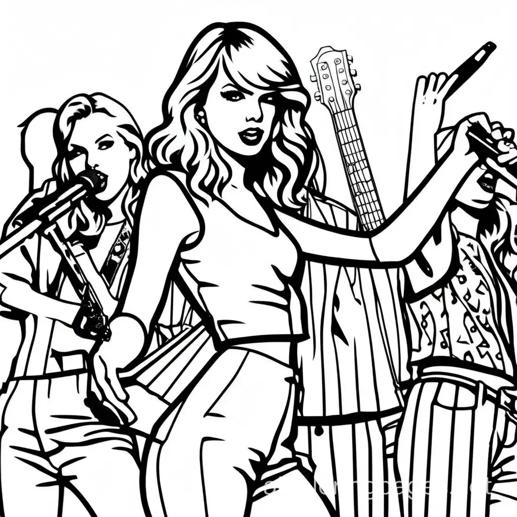 Taylor swift shooting the band Fizz, Coloring Page, black and white, line art, white background, Simplicity, Ample White Space. The background of the coloring page is plain white to make it easy for young children to color within the lines. The outlines of all the subjects are easy to distinguish, making it simple for kids to color without too much difficulty
