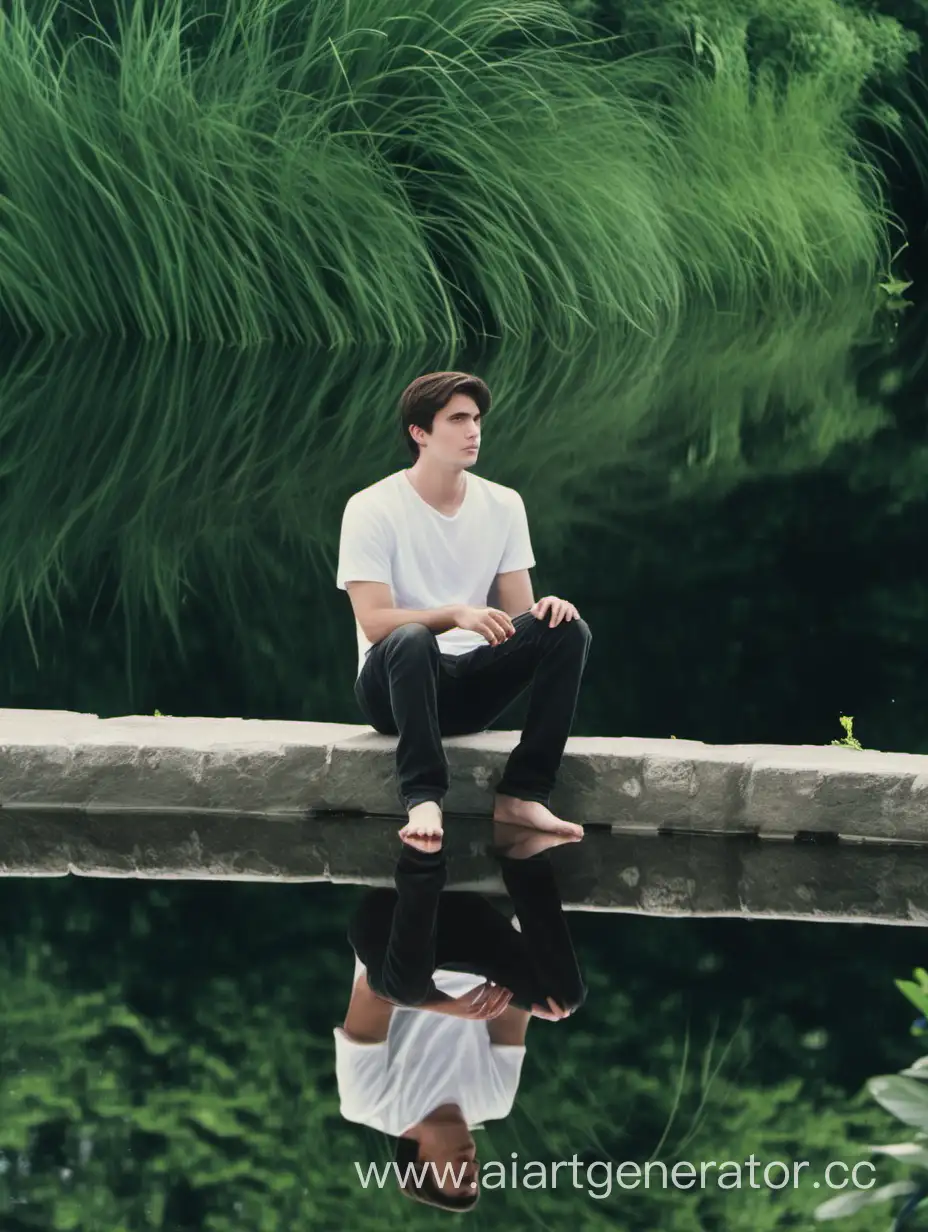 A 25-year-old man with dark brown hair sits by the water, looking at his reflection in the water, surrounded by lots of greenery.