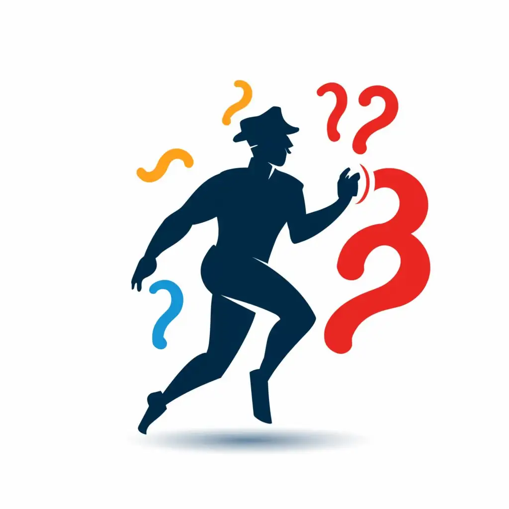 a logo design,with the text "?????", main symbol:silhouette of man running from police, red & blue police lights, lots of question marks,Moderate,clear background