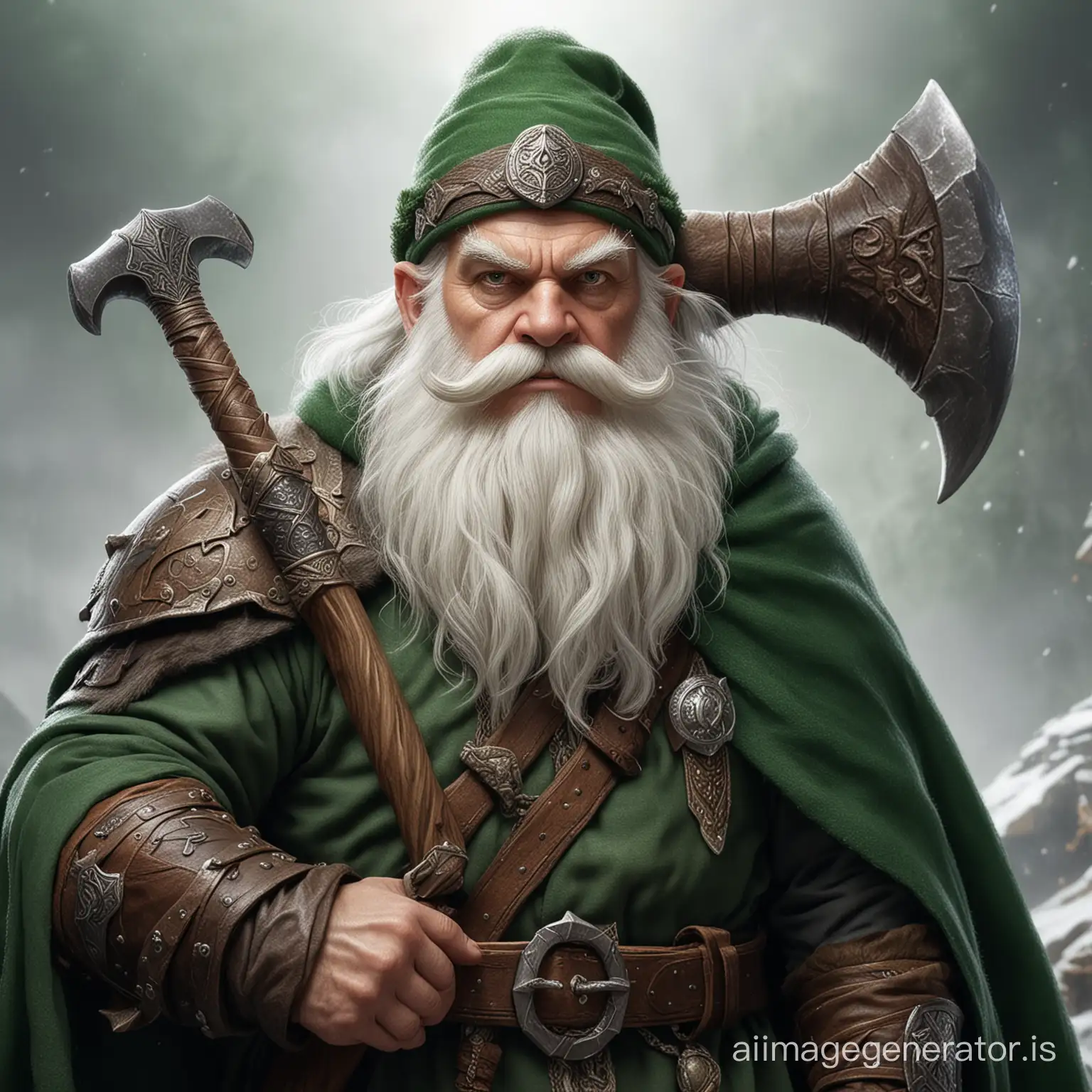 Large dwarf with a white beard holding a big axe over his shoulder. He wears a green hat and a green cape. He looks like from a serious fantasy movie.