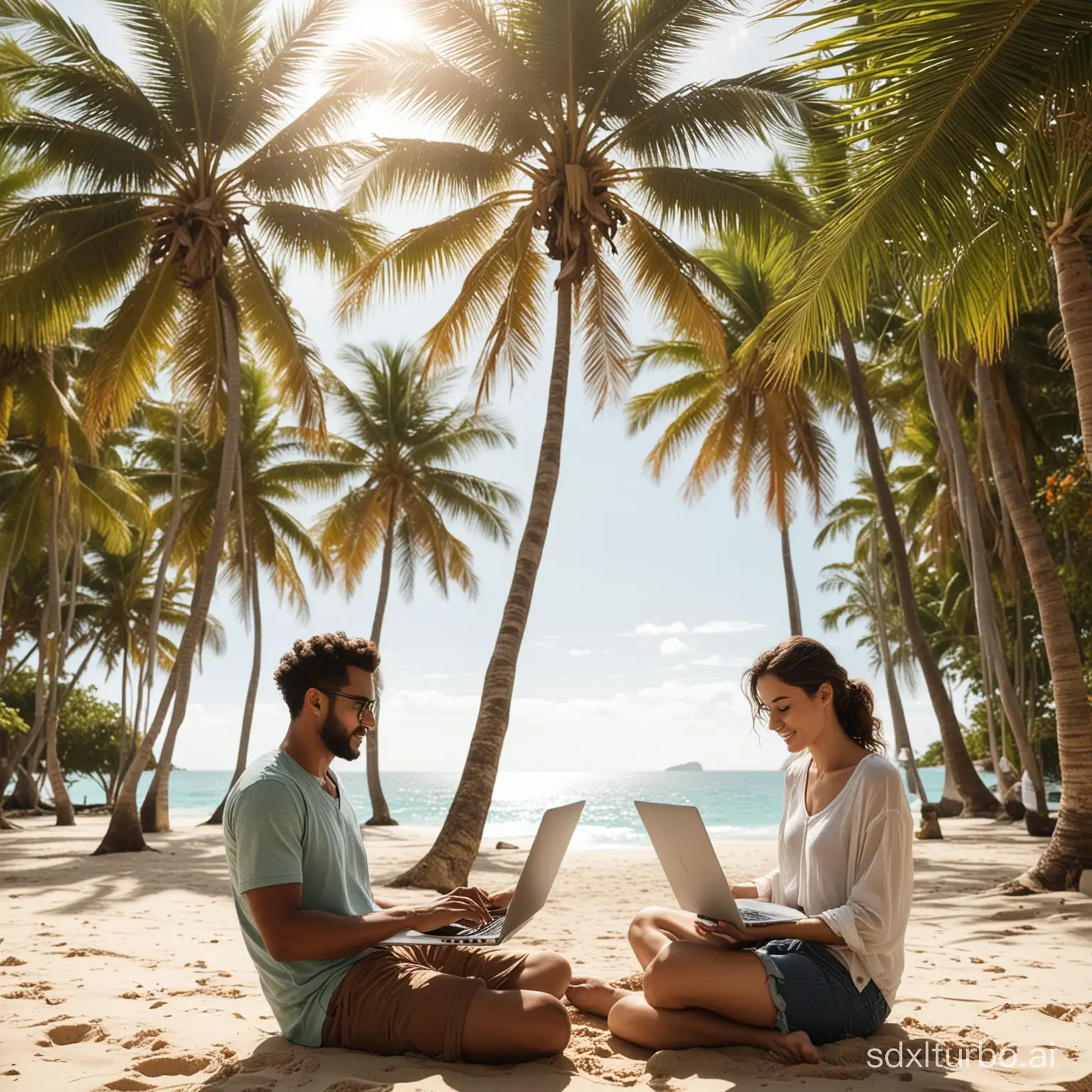 Produce an image of a freelancer working from a laptop on a tropical beach, illustrating the freedom and flexibility that online earning provides, with palm trees swaying in the background.